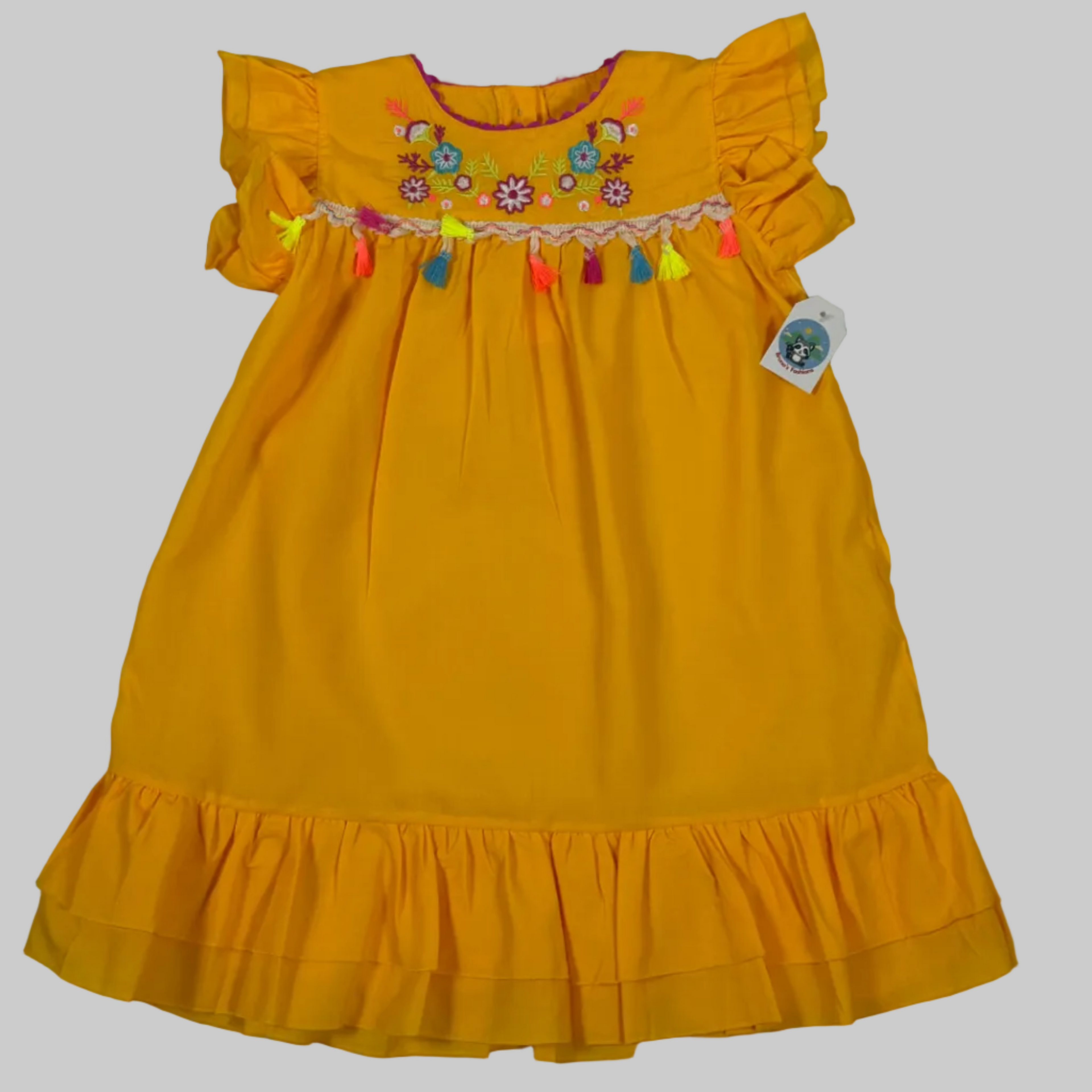 Girls Embroidered Yellow Dress with Colorful Tassels