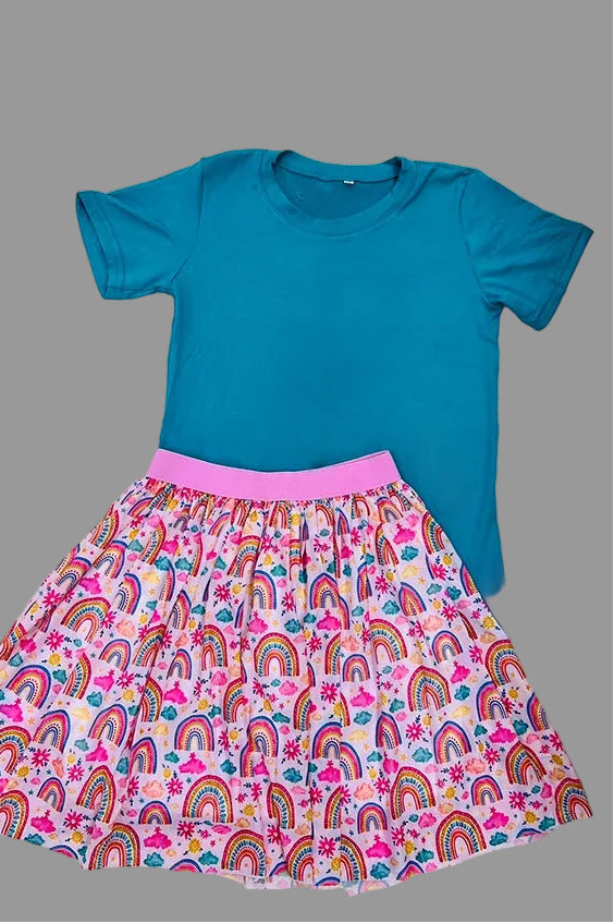 Turquoise Short Sleeve Top & Rainbow Skirt Set for Girls