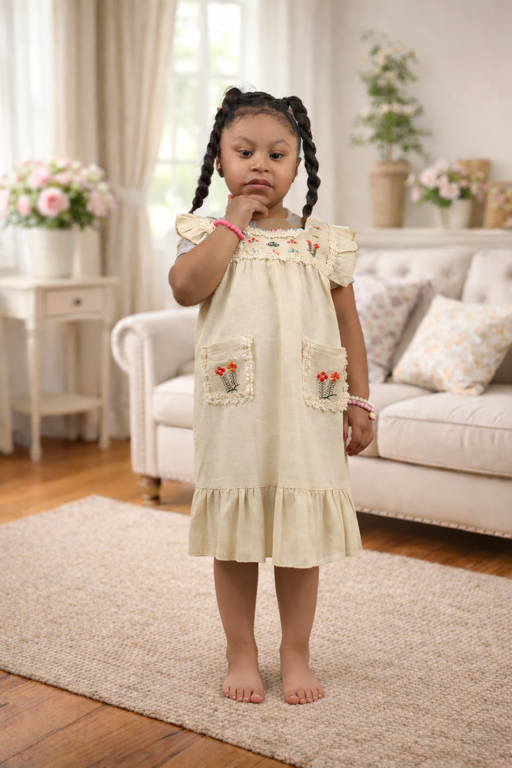Girls Embroidered Linen Blend Dress – Natural Beige