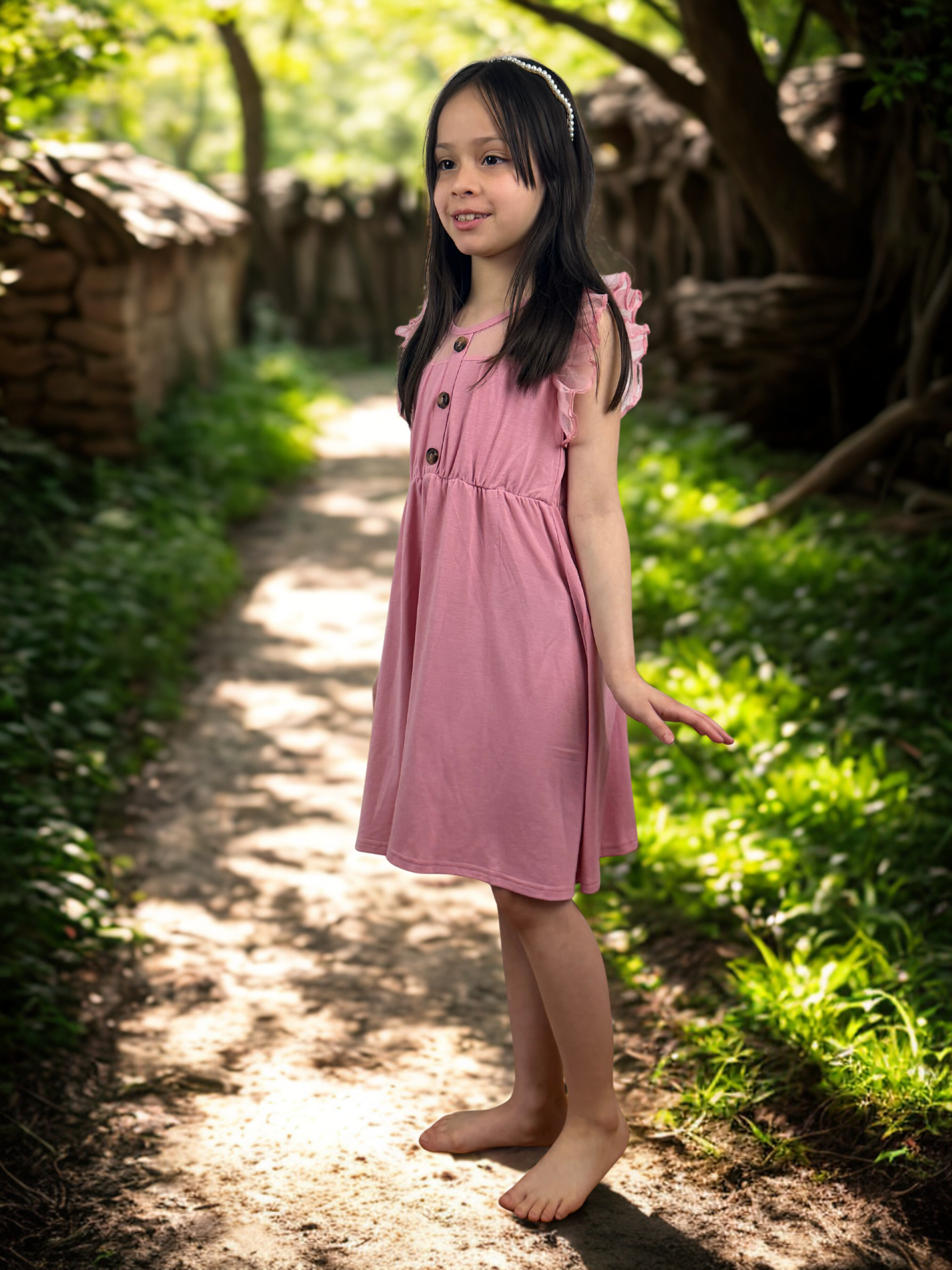 Girls Elegant Rose Pink Dress with Tulle Ruffle Sleeves