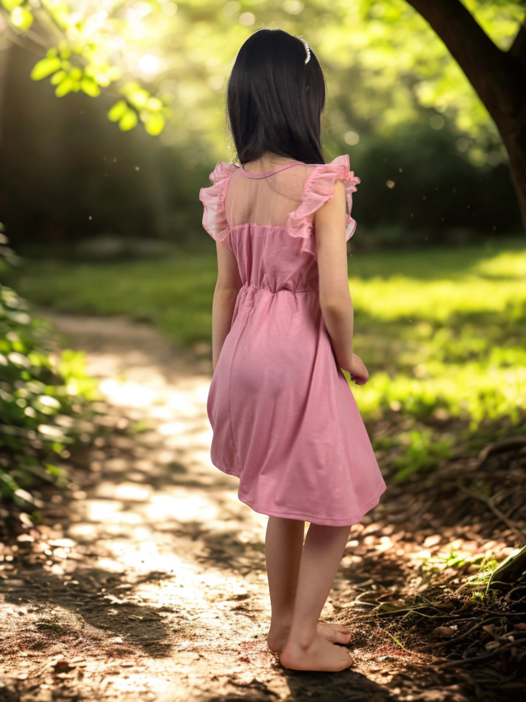 Girls Elegant Rose Pink Dress with Tulle Ruffle Sleeves