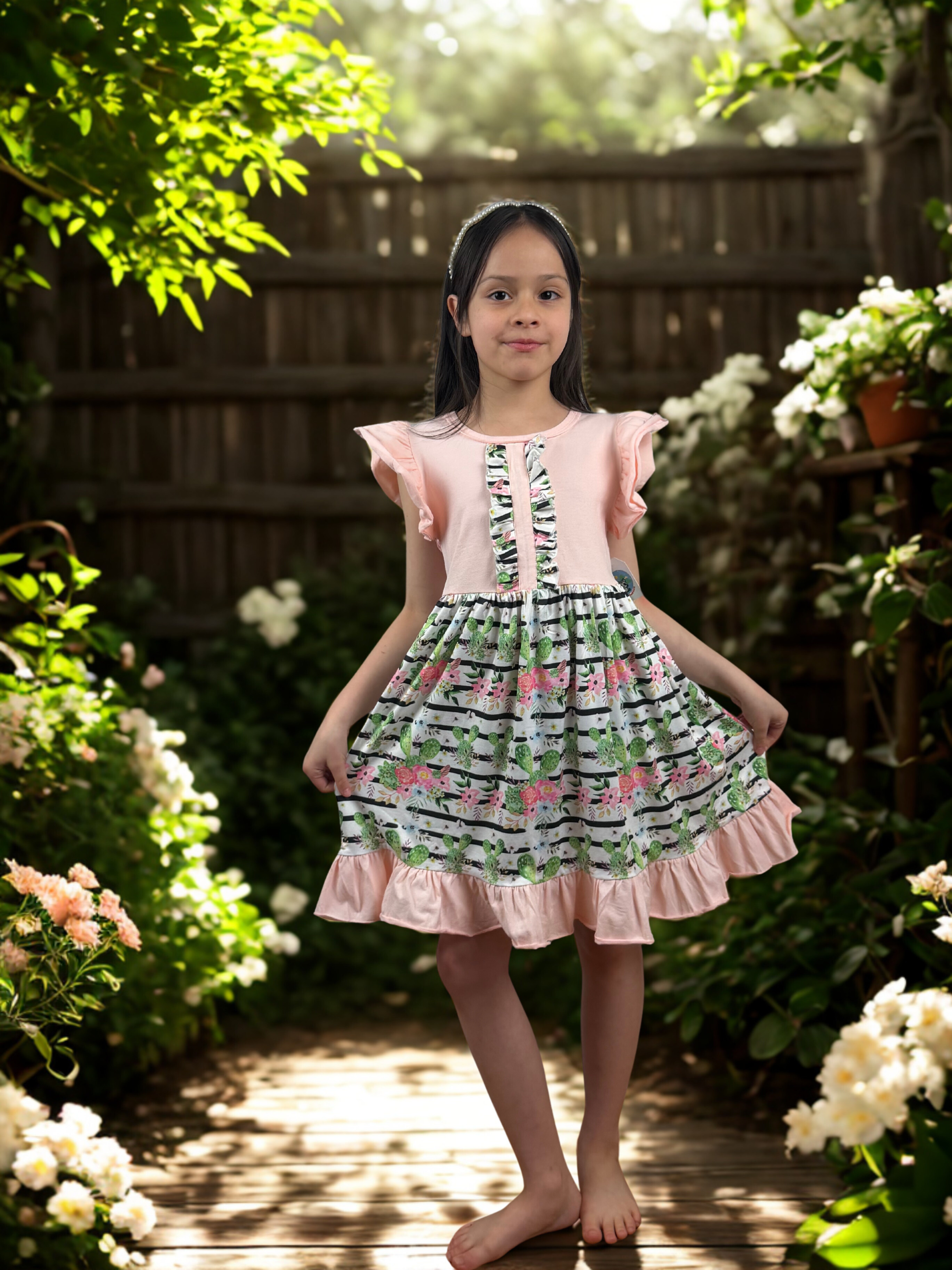 Girls Floral Summer Dress with Ruffle Sleeves