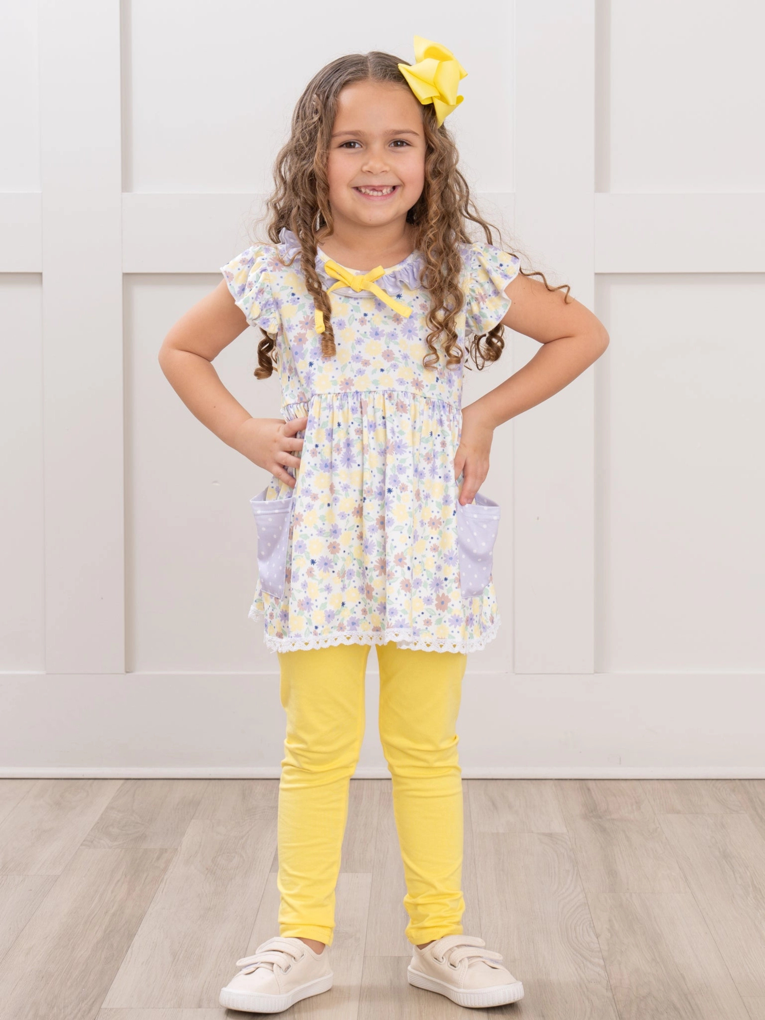 Floral Ruffle Outfit Set with Yellow Leggings – Girls