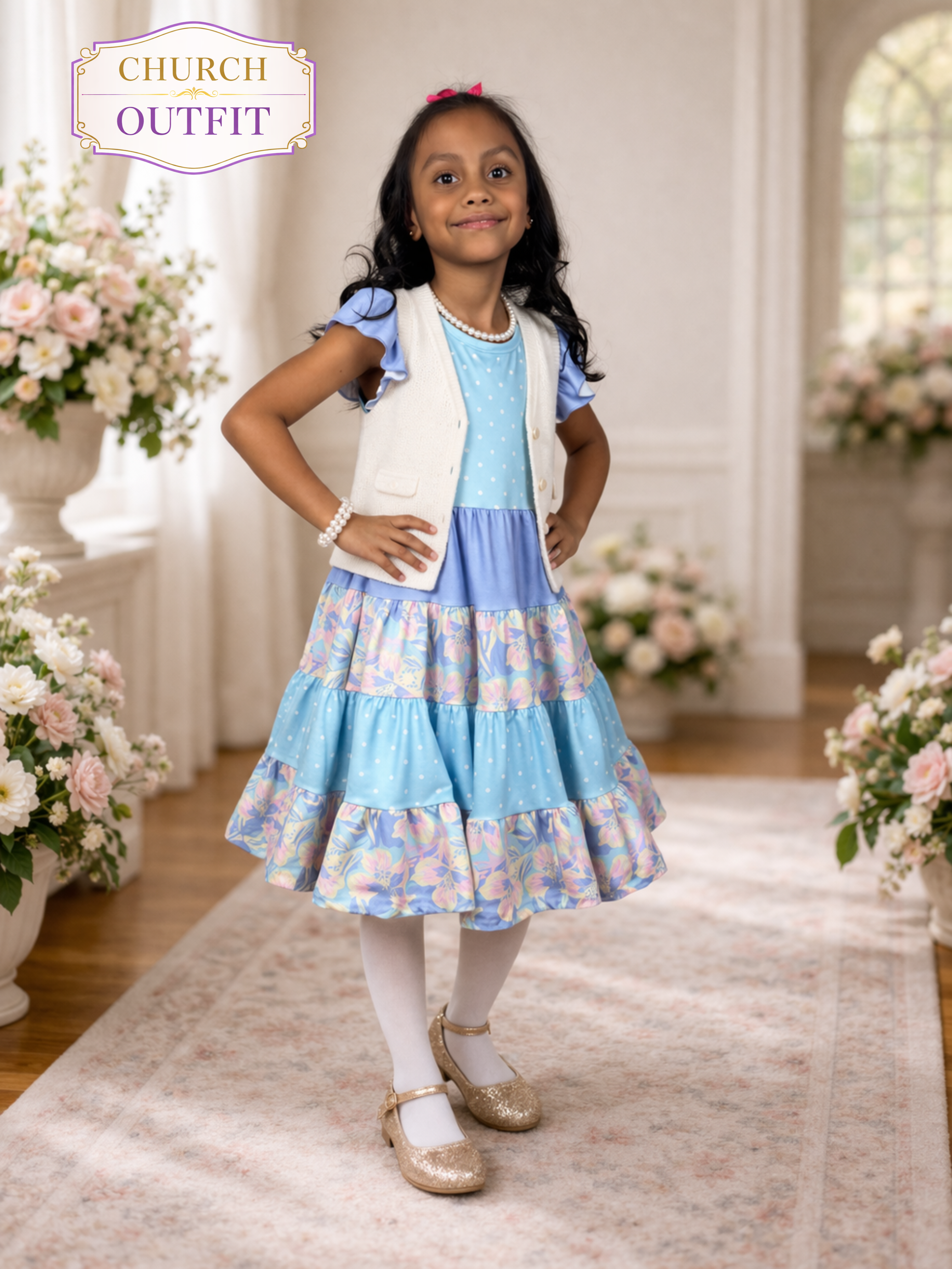 Girls Blue Floral Tiered Dress