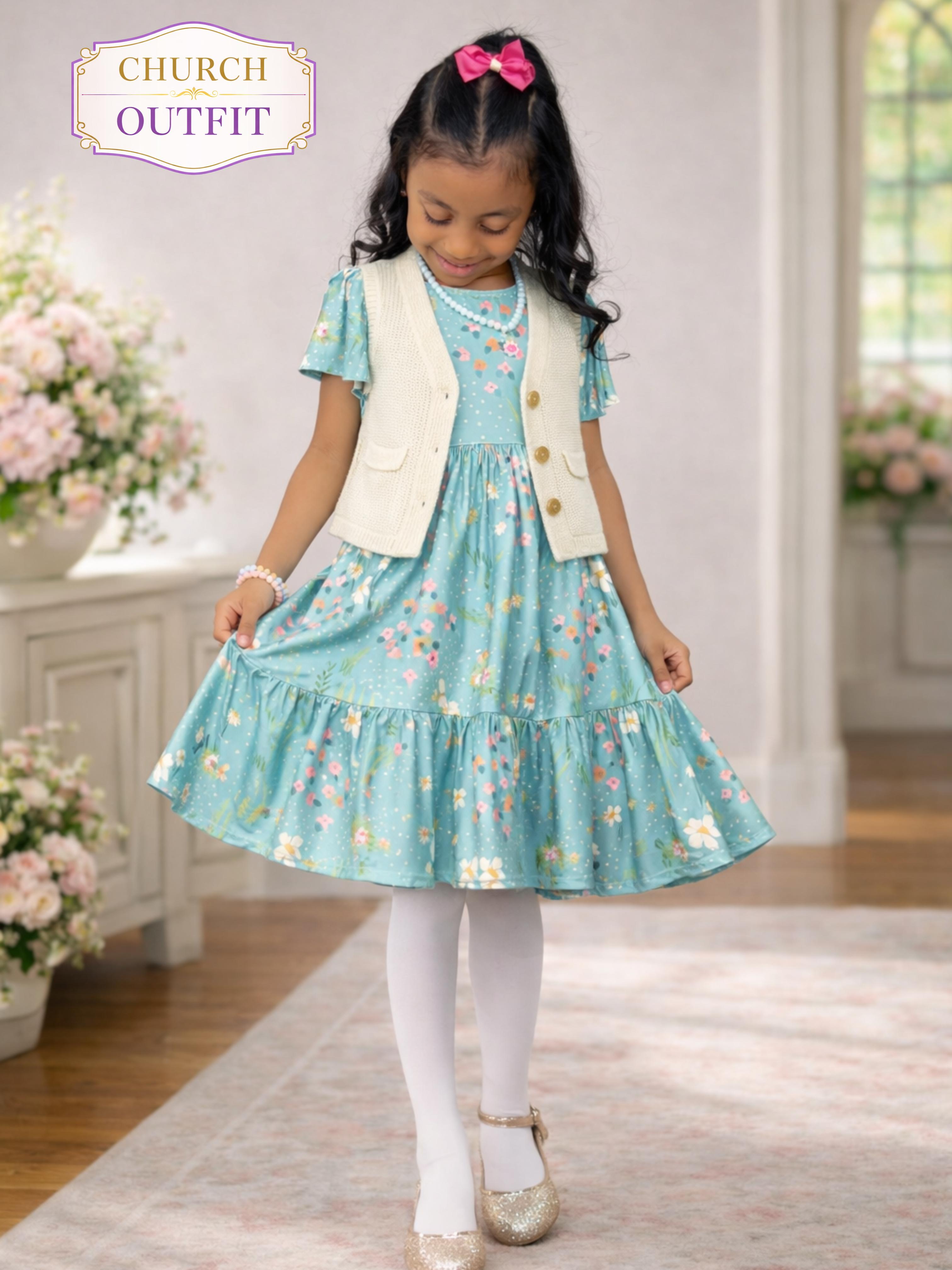 Girls Teal Floral Flutter Sleeve Dress
