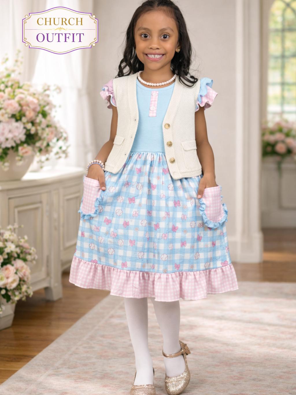 Girls Blue Bowtie Ruffle Dress