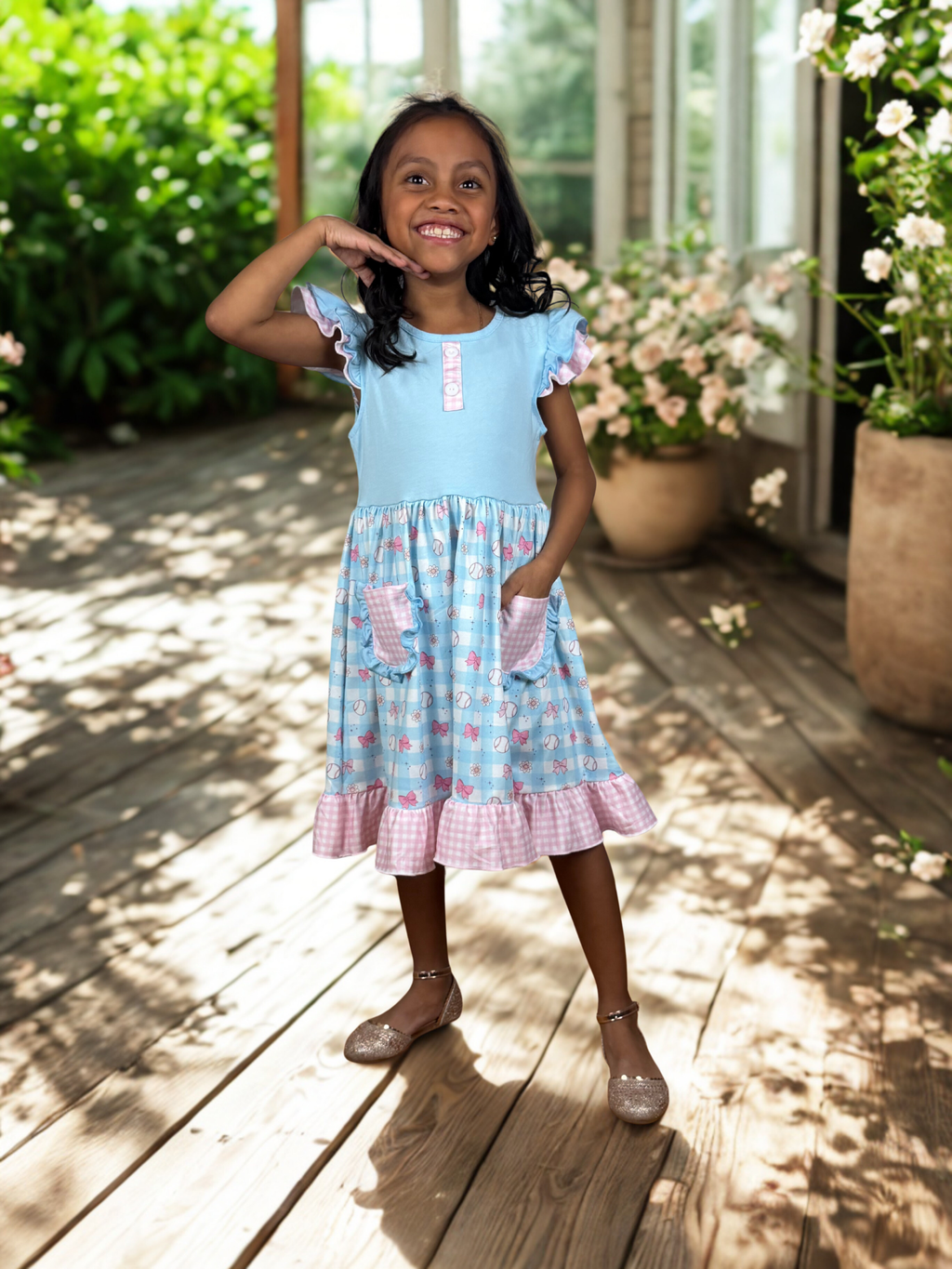 Girls Blue Bowtie Ruffle Dress