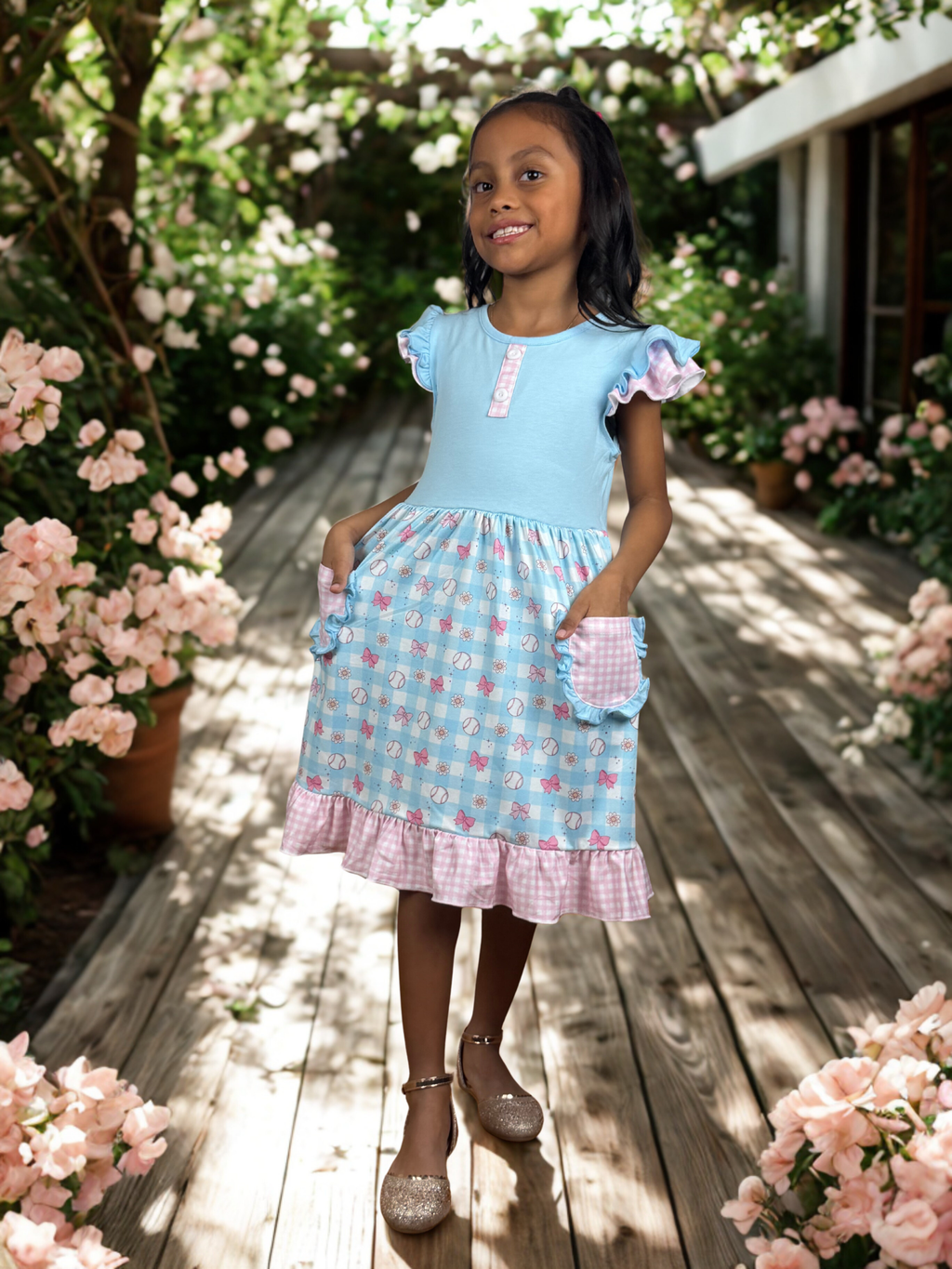 Girls Blue Bowtie Ruffle Dress