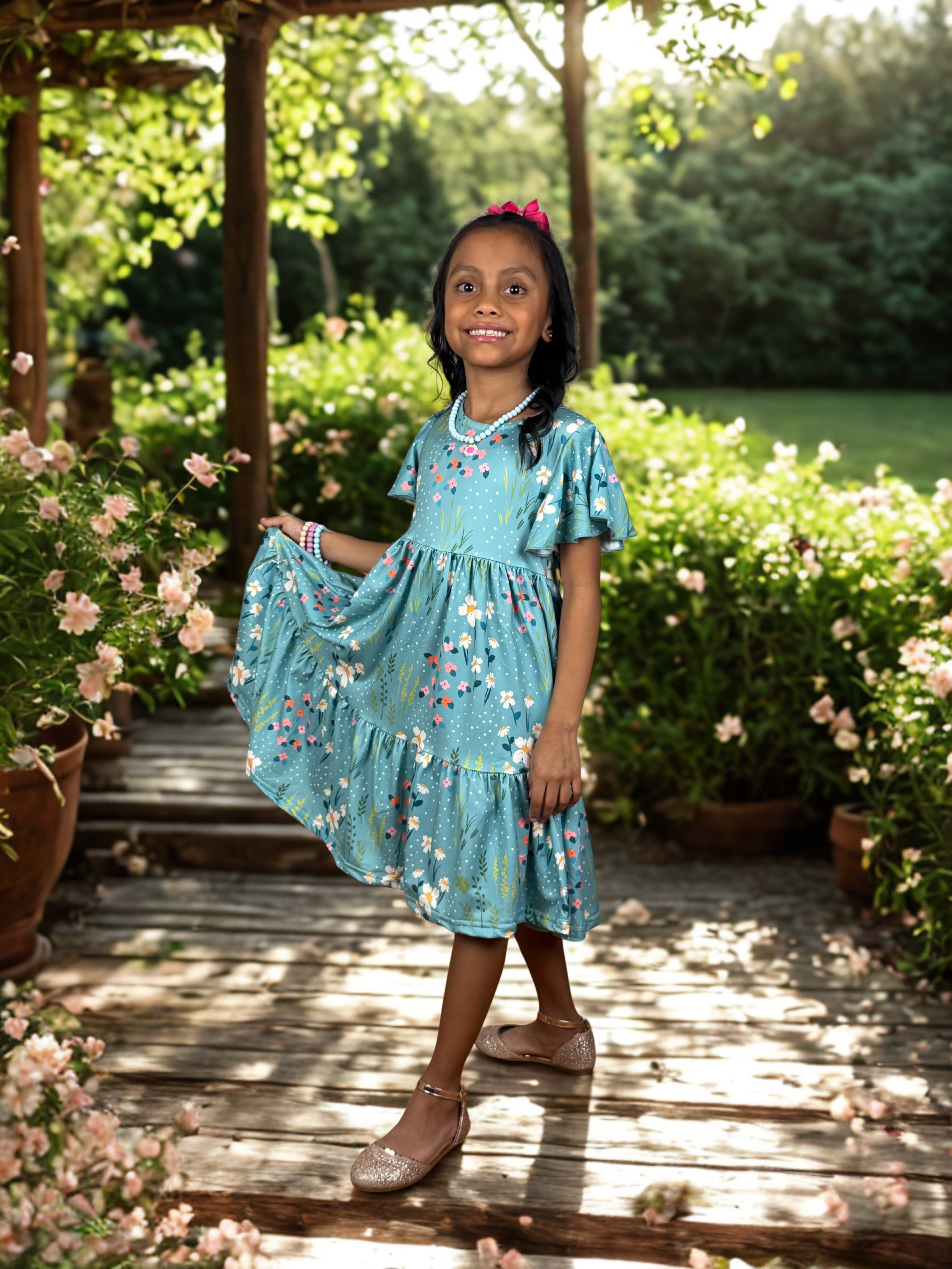 Girls Teal Floral Flutter Sleeve Dress
