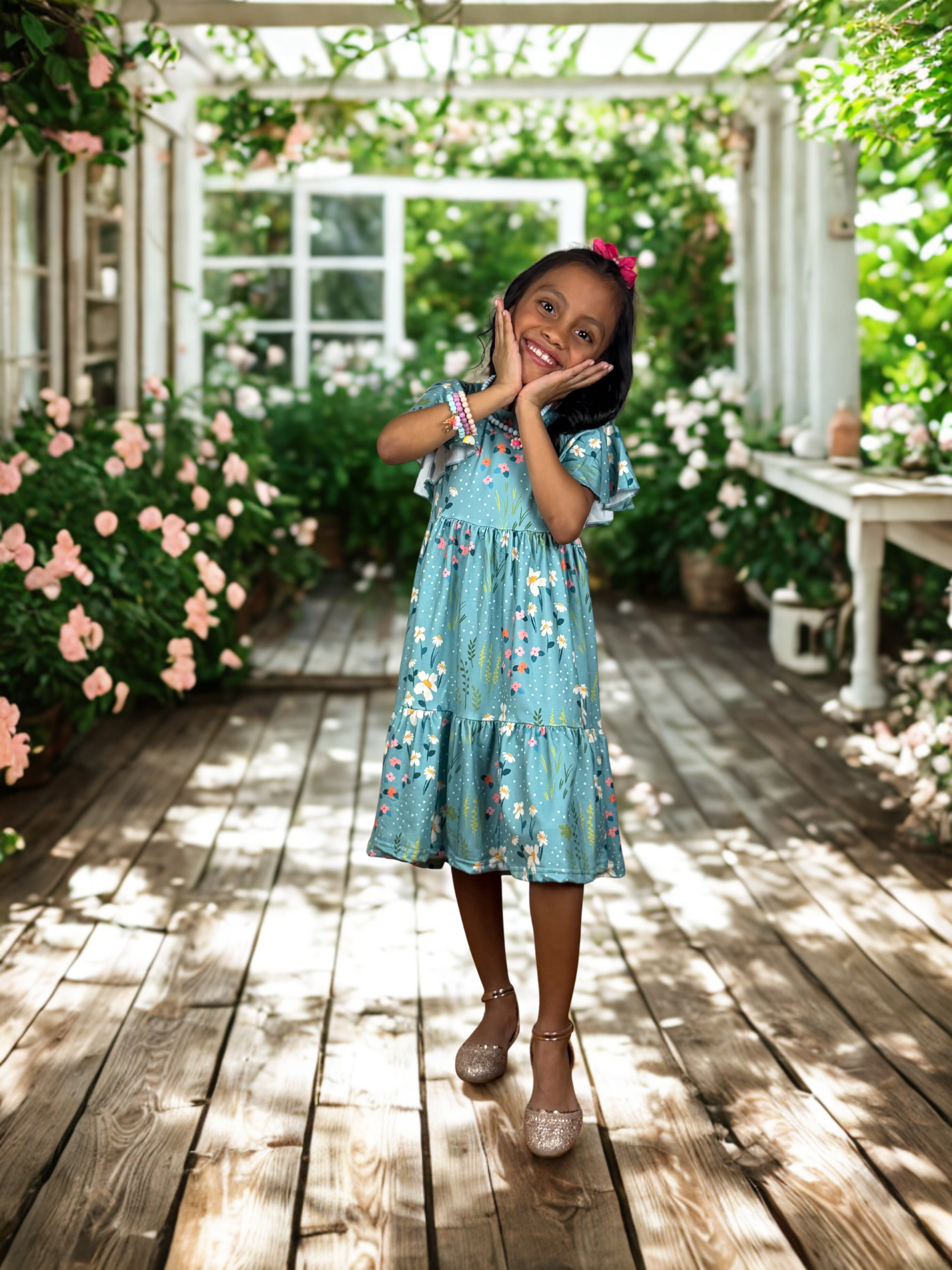 Girls Teal Floral Flutter Sleeve Dress