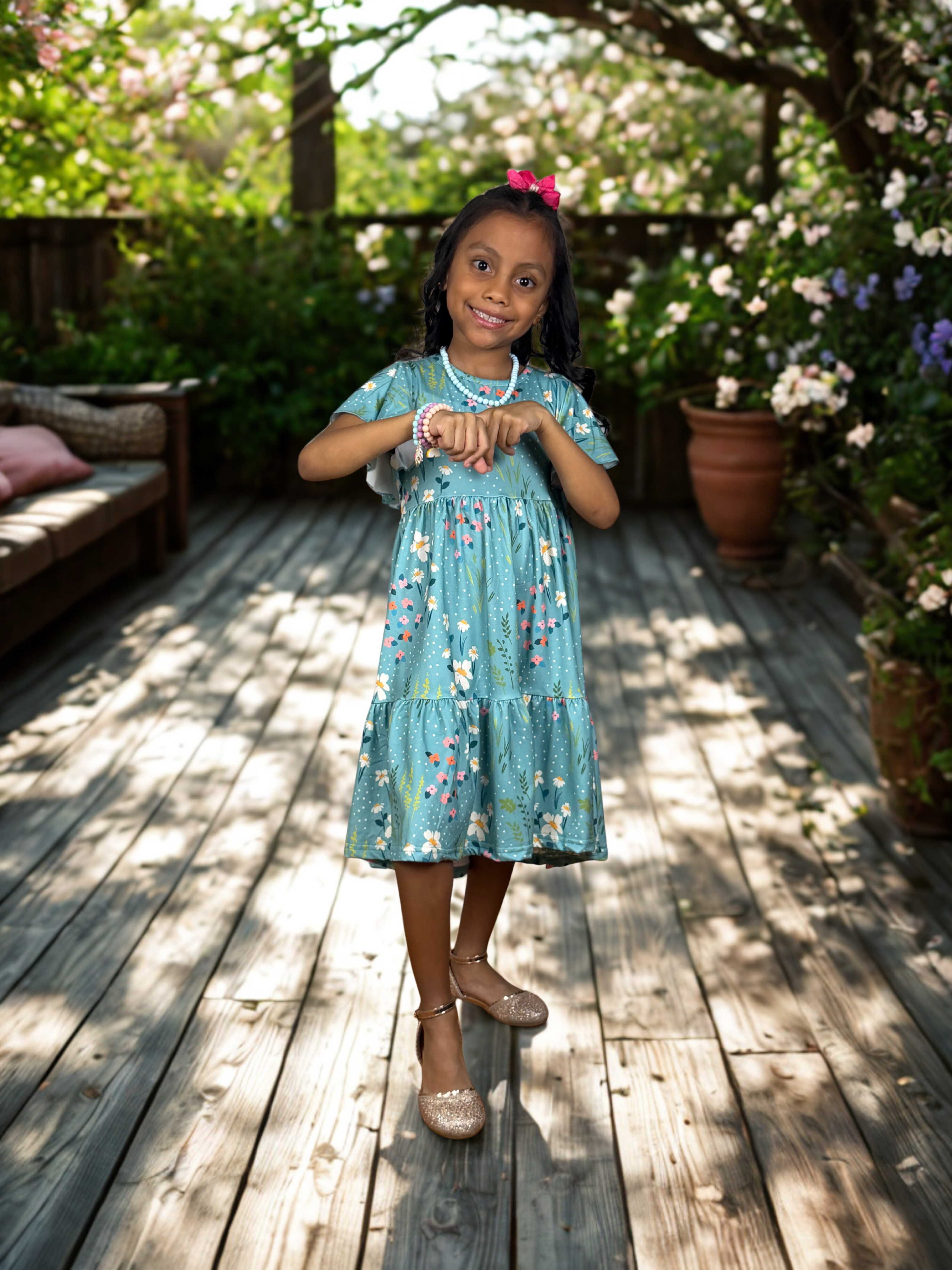 Girls Teal Floral Flutter Sleeve Dress