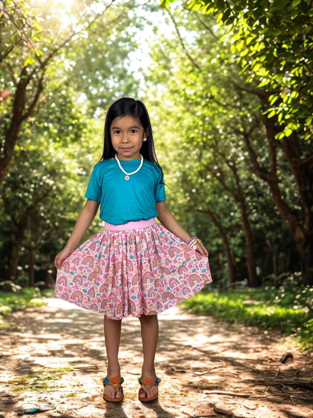 Turquoise Short Sleeve Top & Rainbow Skirt Set for Girls