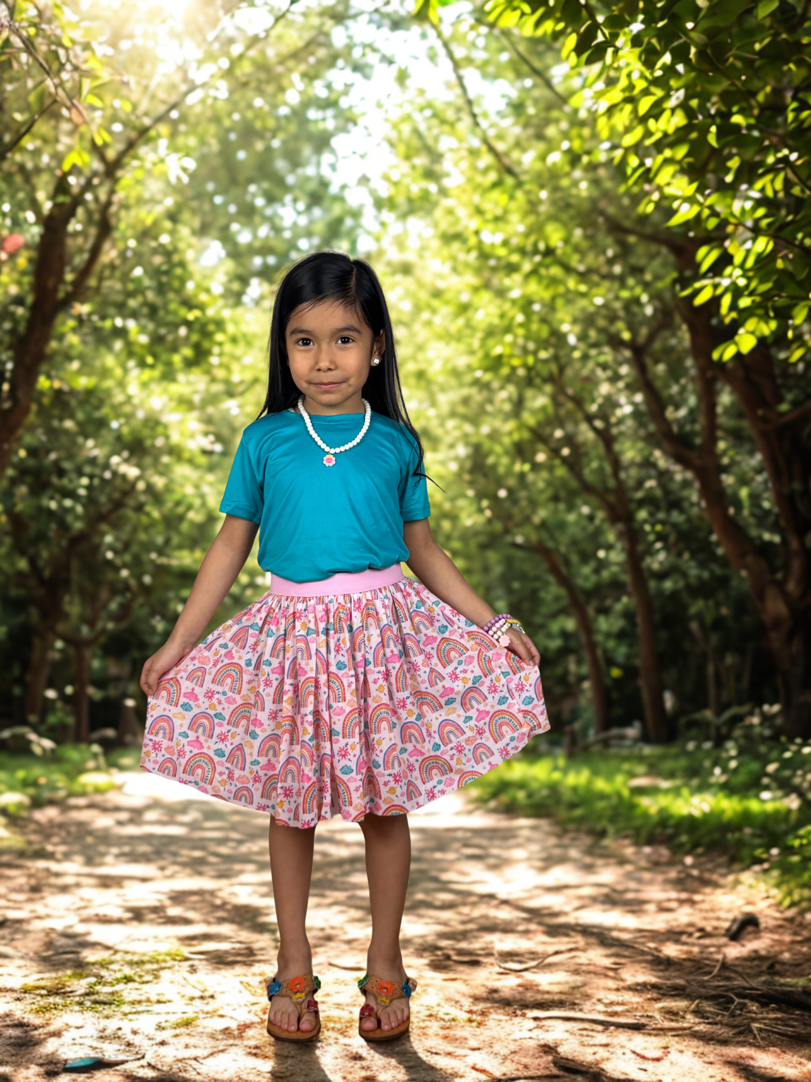 Turquoise Short Sleeve Top & Rainbow Skirt Set for Girls