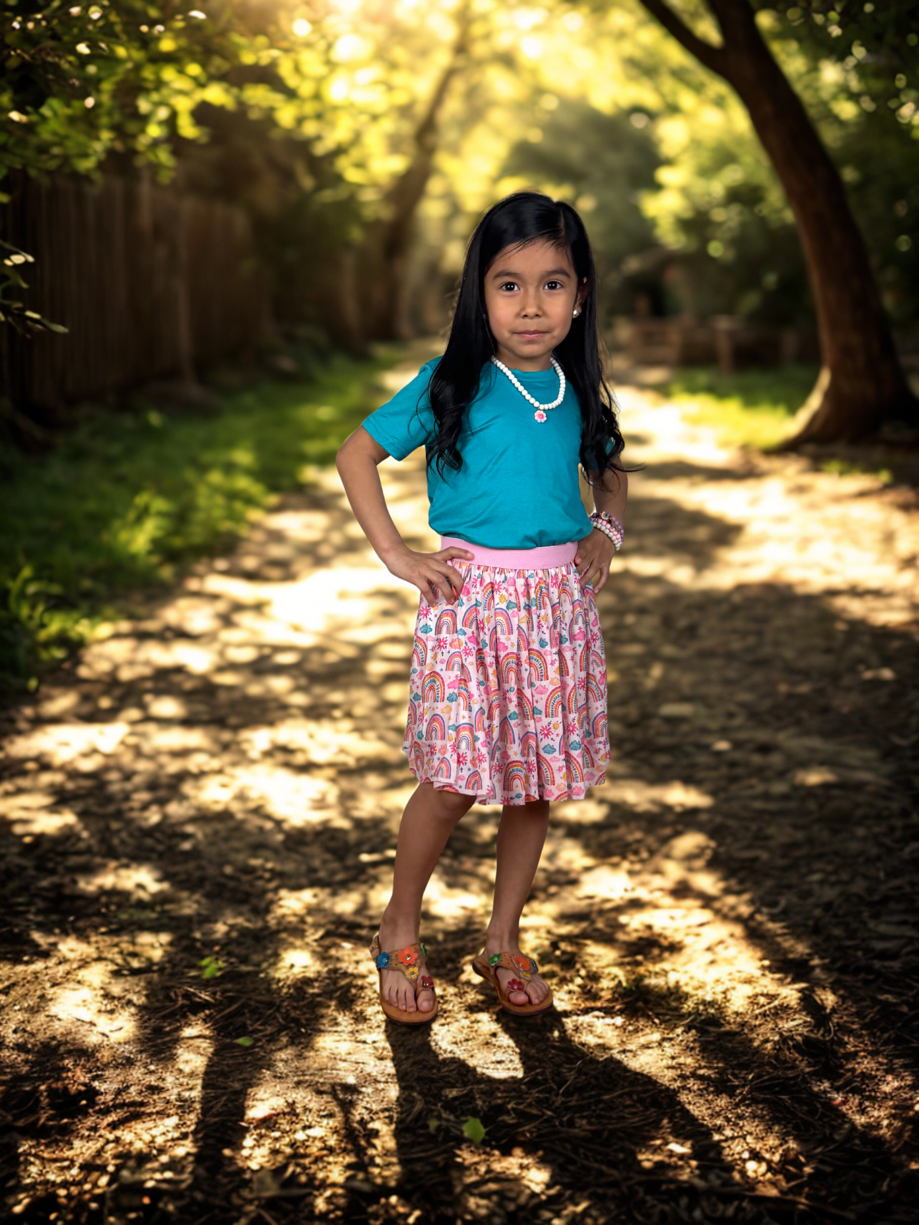 Turquoise Short Sleeve Top & Rainbow Skirt Set for Girls