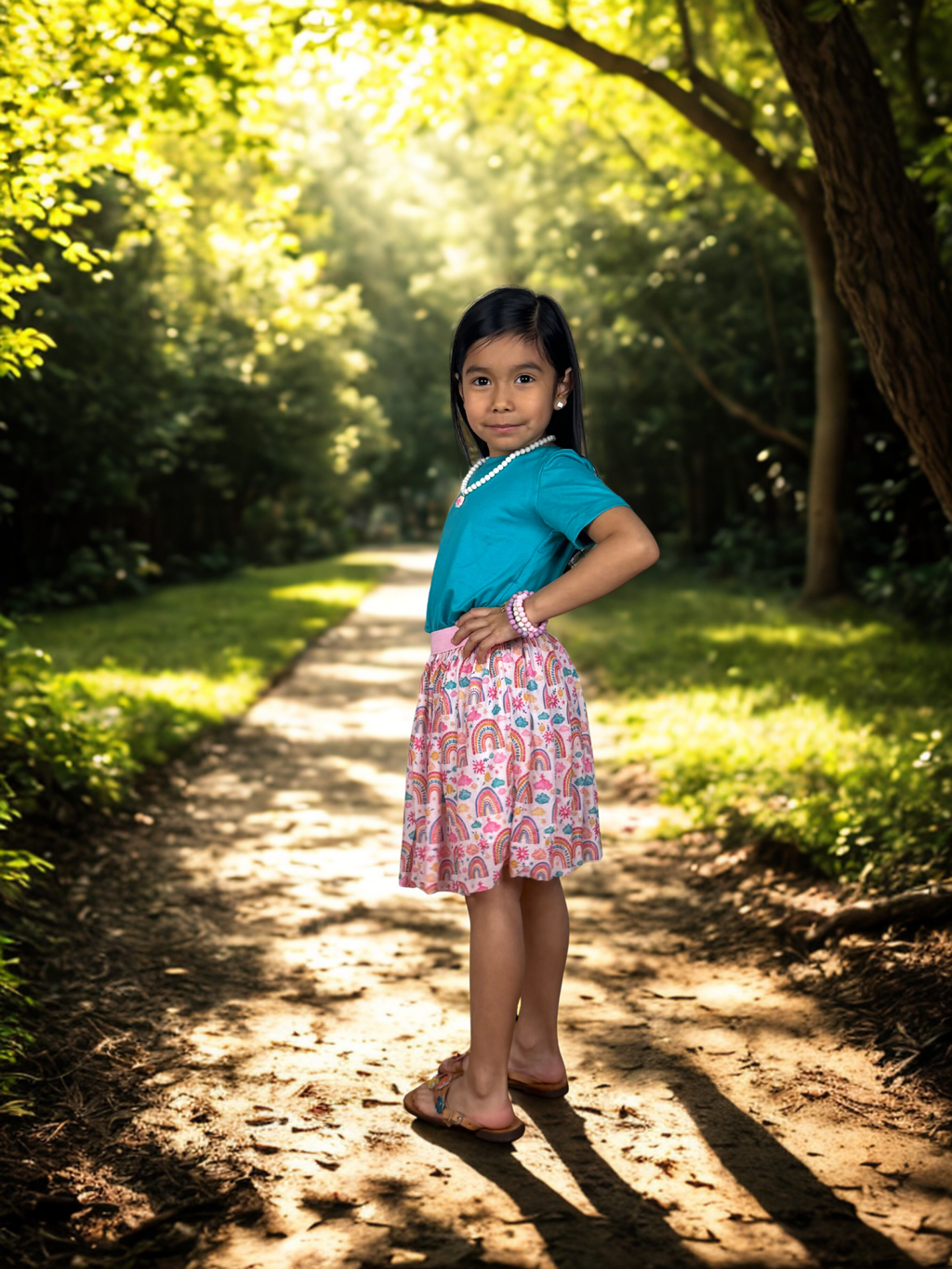 Turquoise Short Sleeve Top & Rainbow Skirt Set for Girls