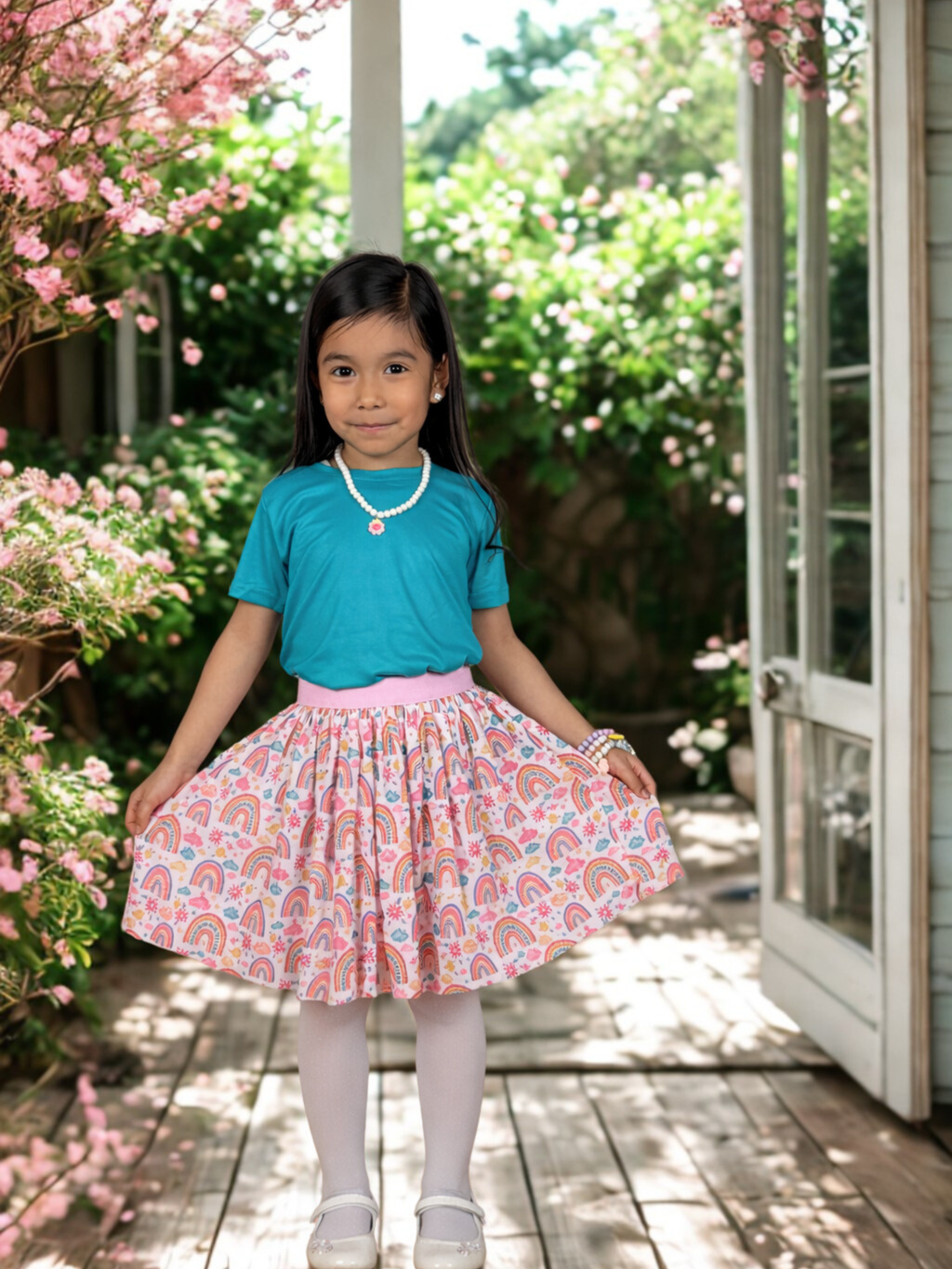 Turquoise Short Sleeve Top & Rainbow Skirt Set for Girls