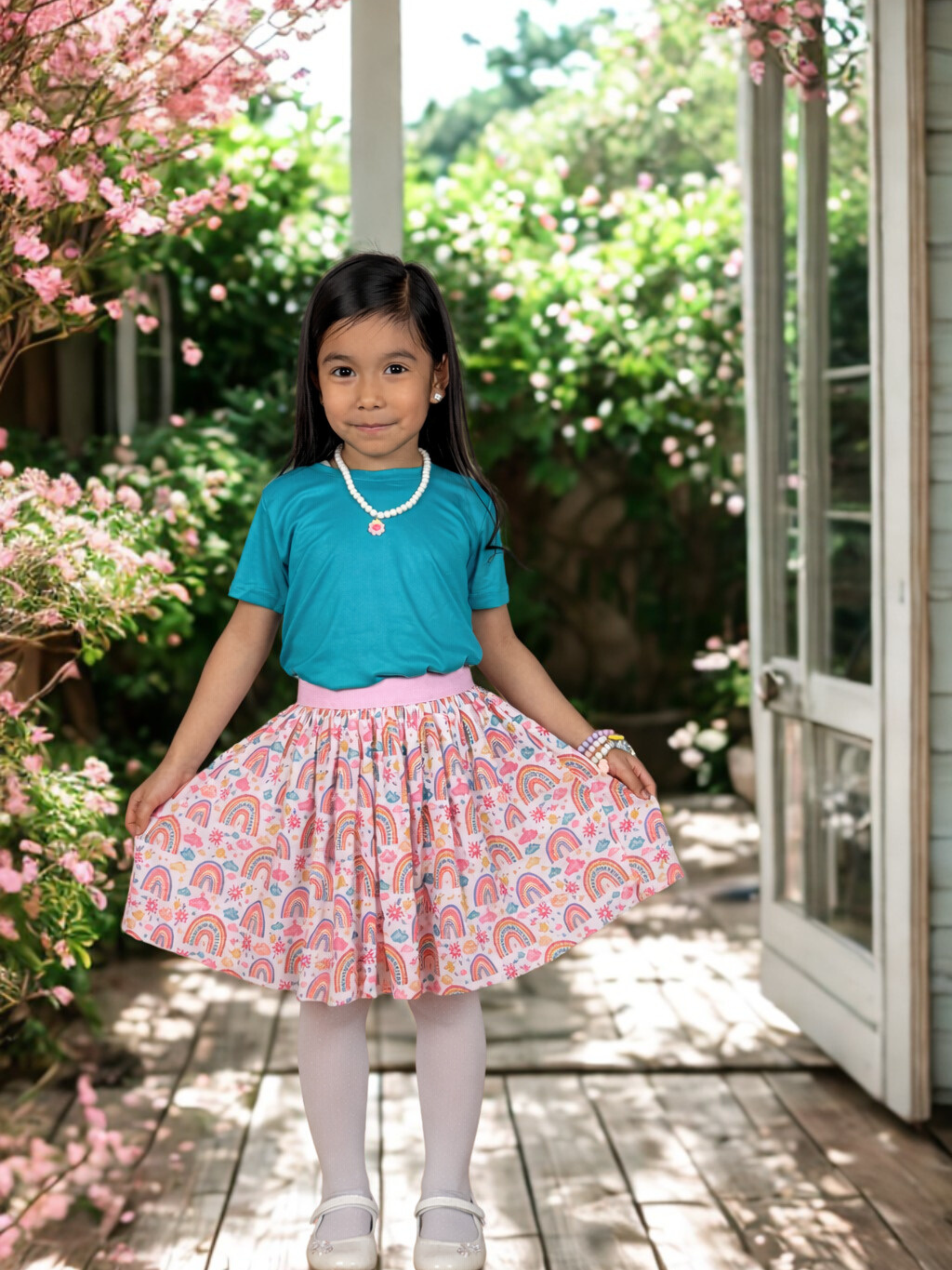 Turquoise Short Sleeve Top & Rainbow Skirt Set for Girls