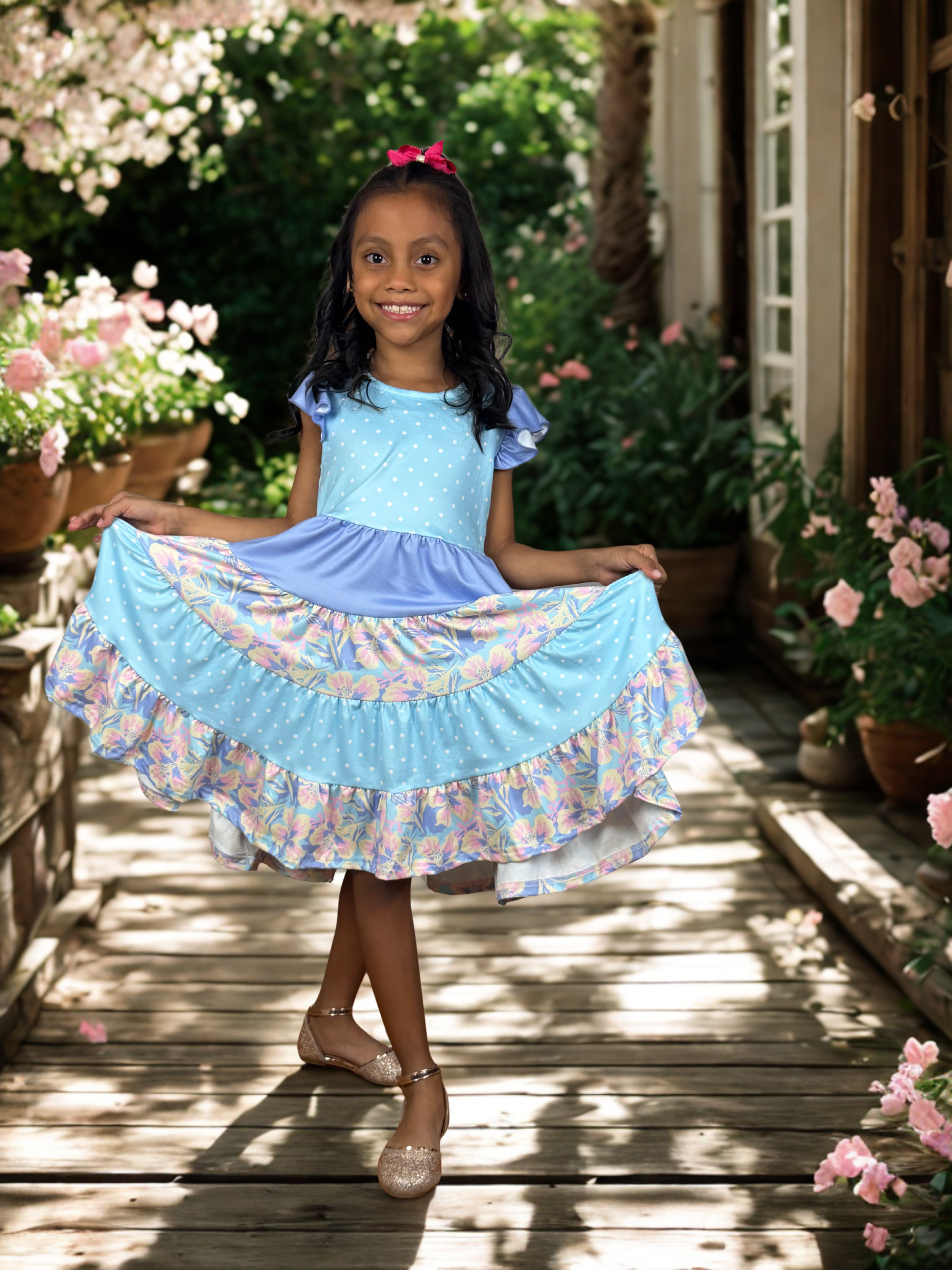 Girls Blue Floral Tiered Dress