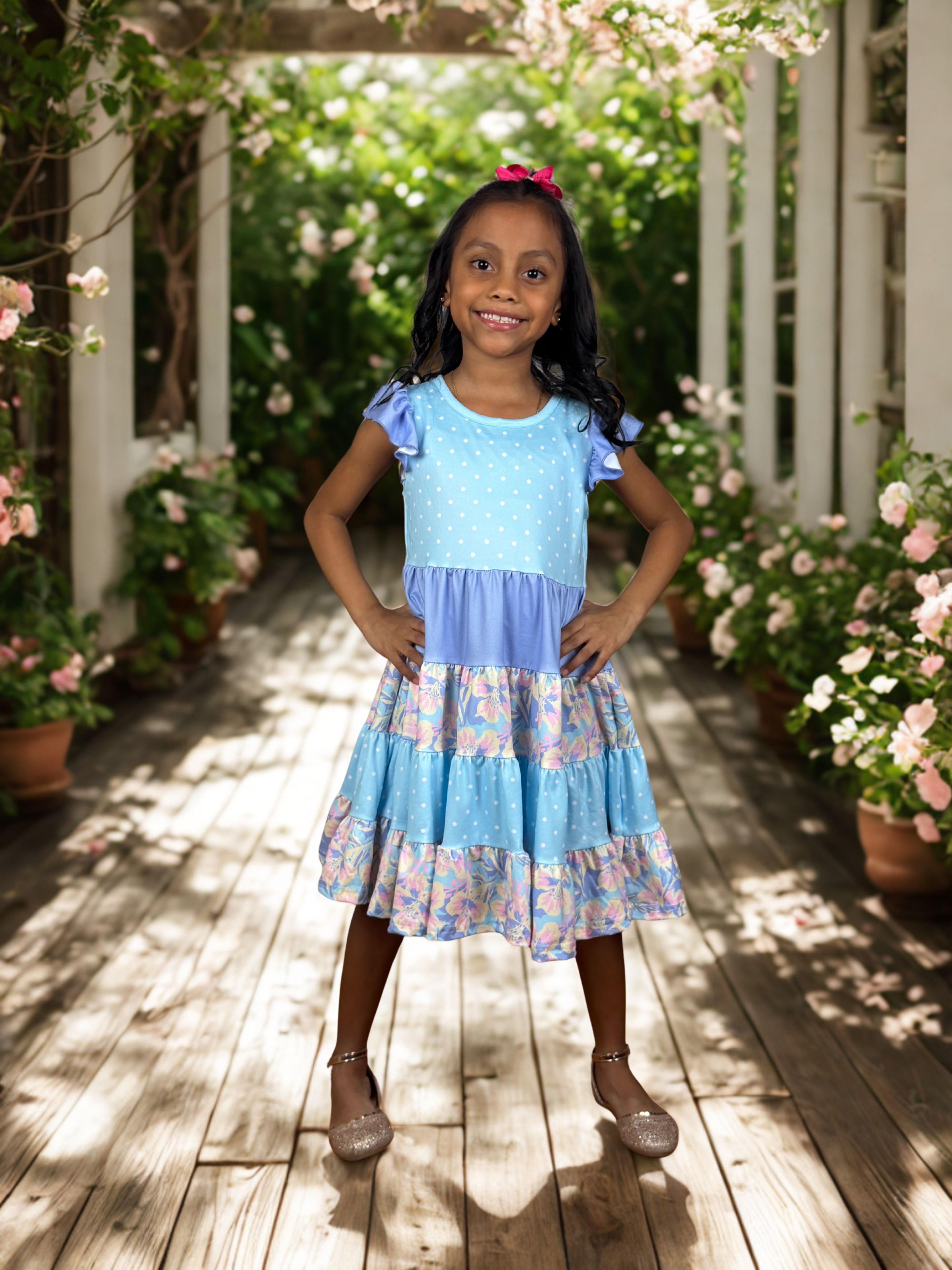 Girls Blue Floral Tiered Dress