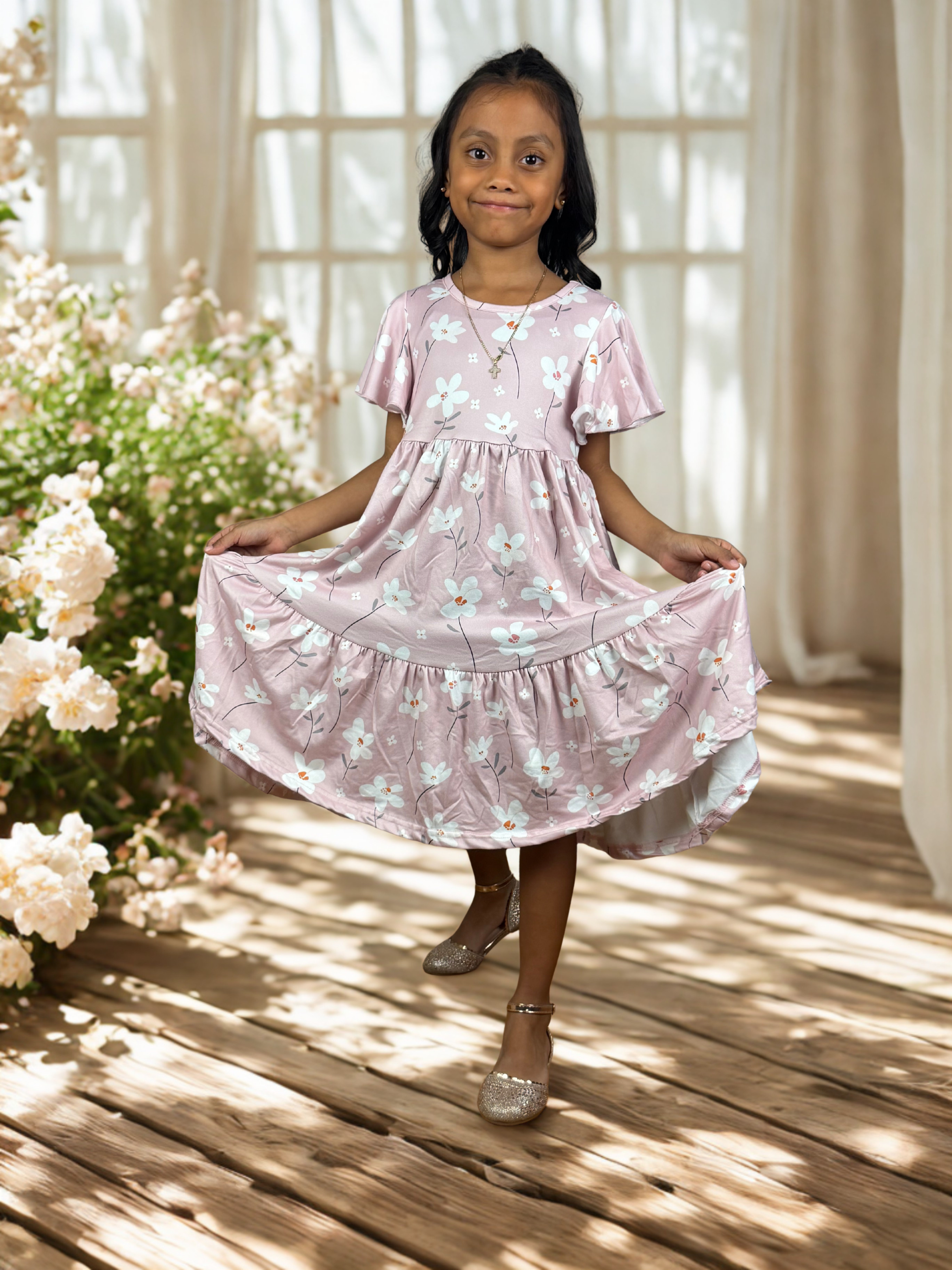 Girls Blush Floral Flutter Sleeve Twirl Dress