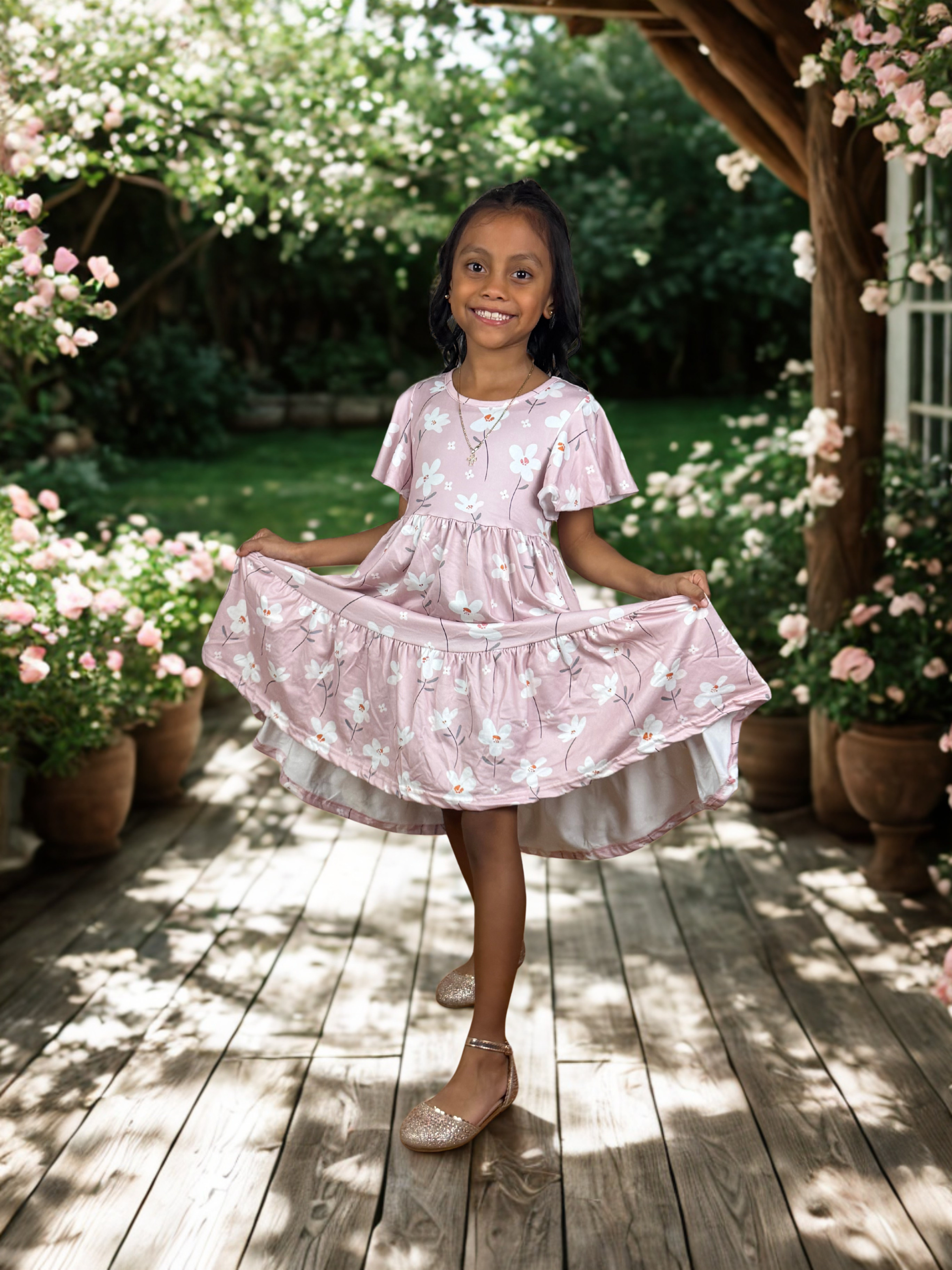 Girls Blush Floral Flutter Sleeve Twirl Dress