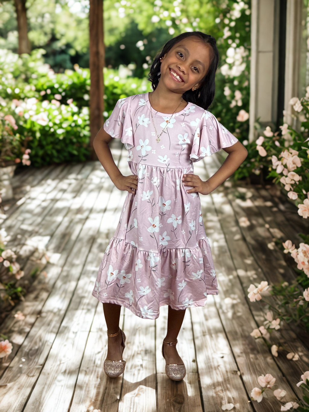 Girls Blush Floral Flutter Sleeve Twirl Dress