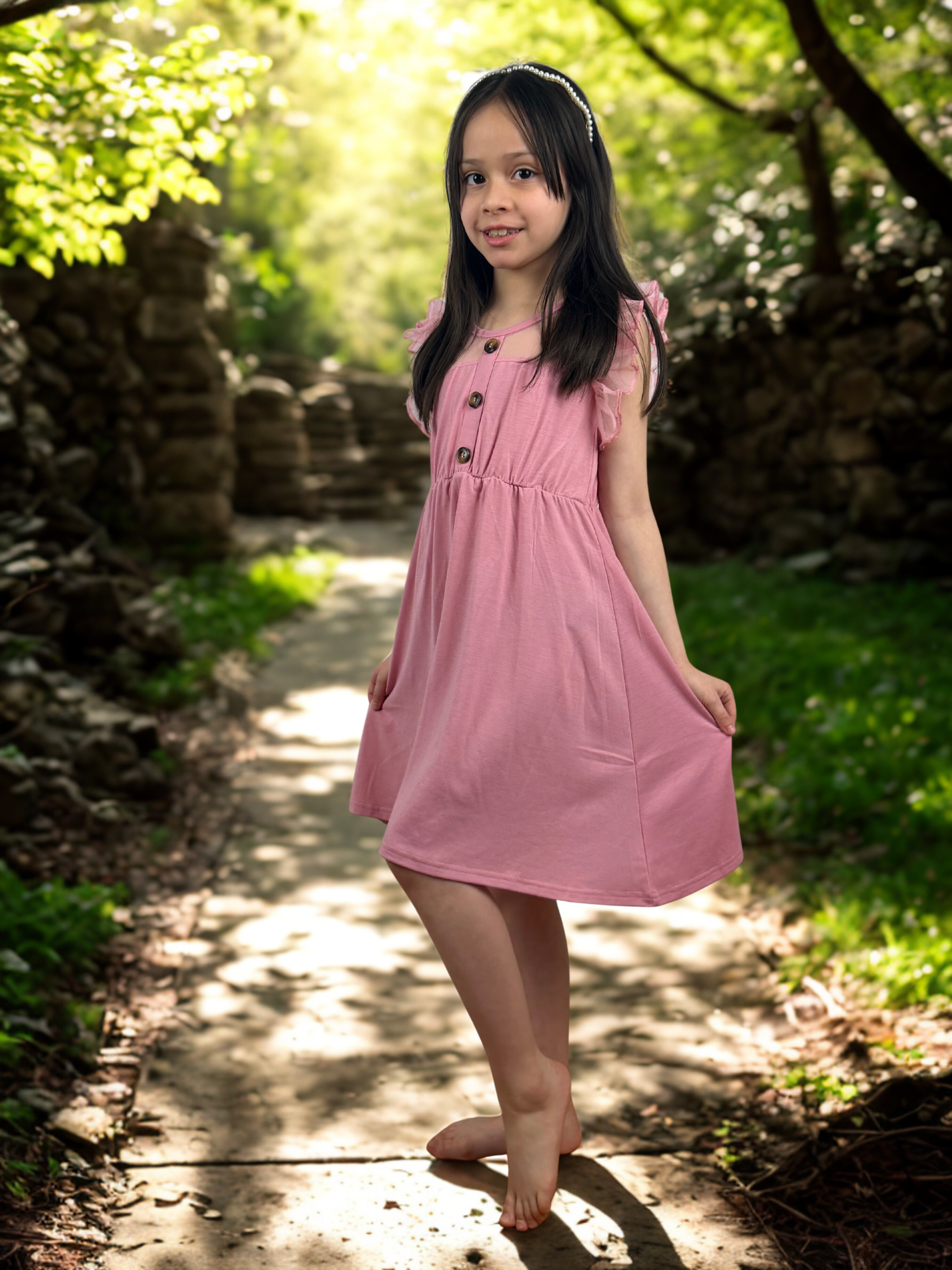 Girls Elegant Rose Pink Dress with Tulle Ruffle Sleeves