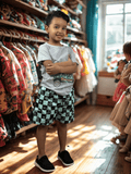 Boys Car Print Grey T-Shirt & Checkered Shorts Outfit Set