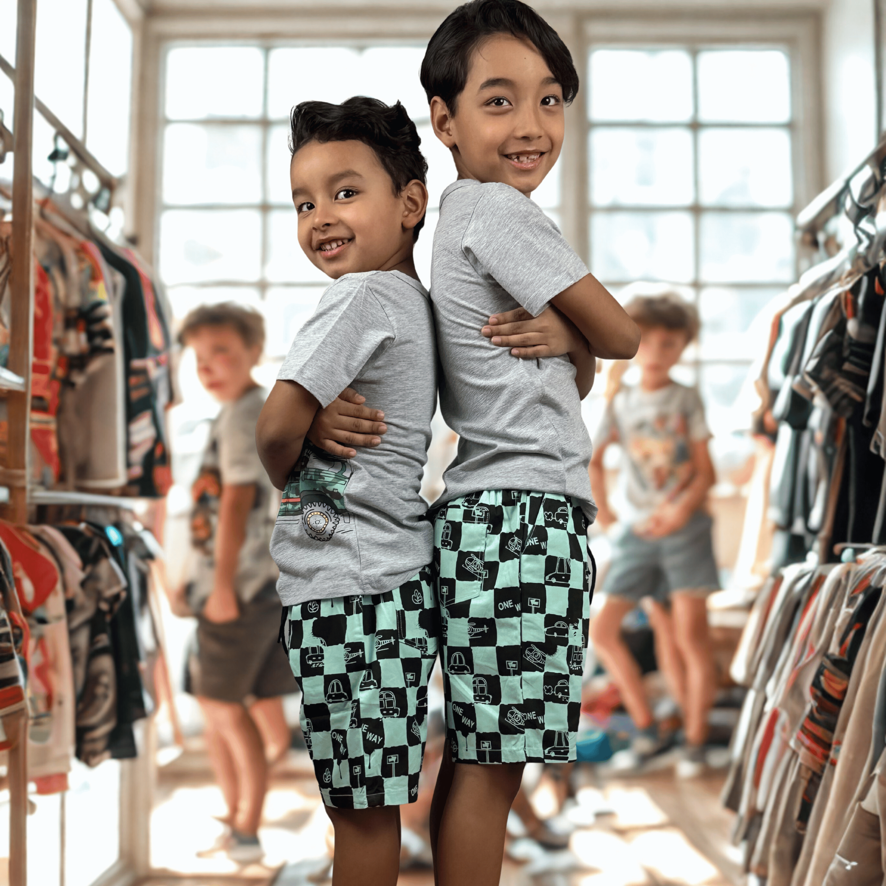 Boys Car Print Grey T-Shirt & Checkered Shorts Outfit Set