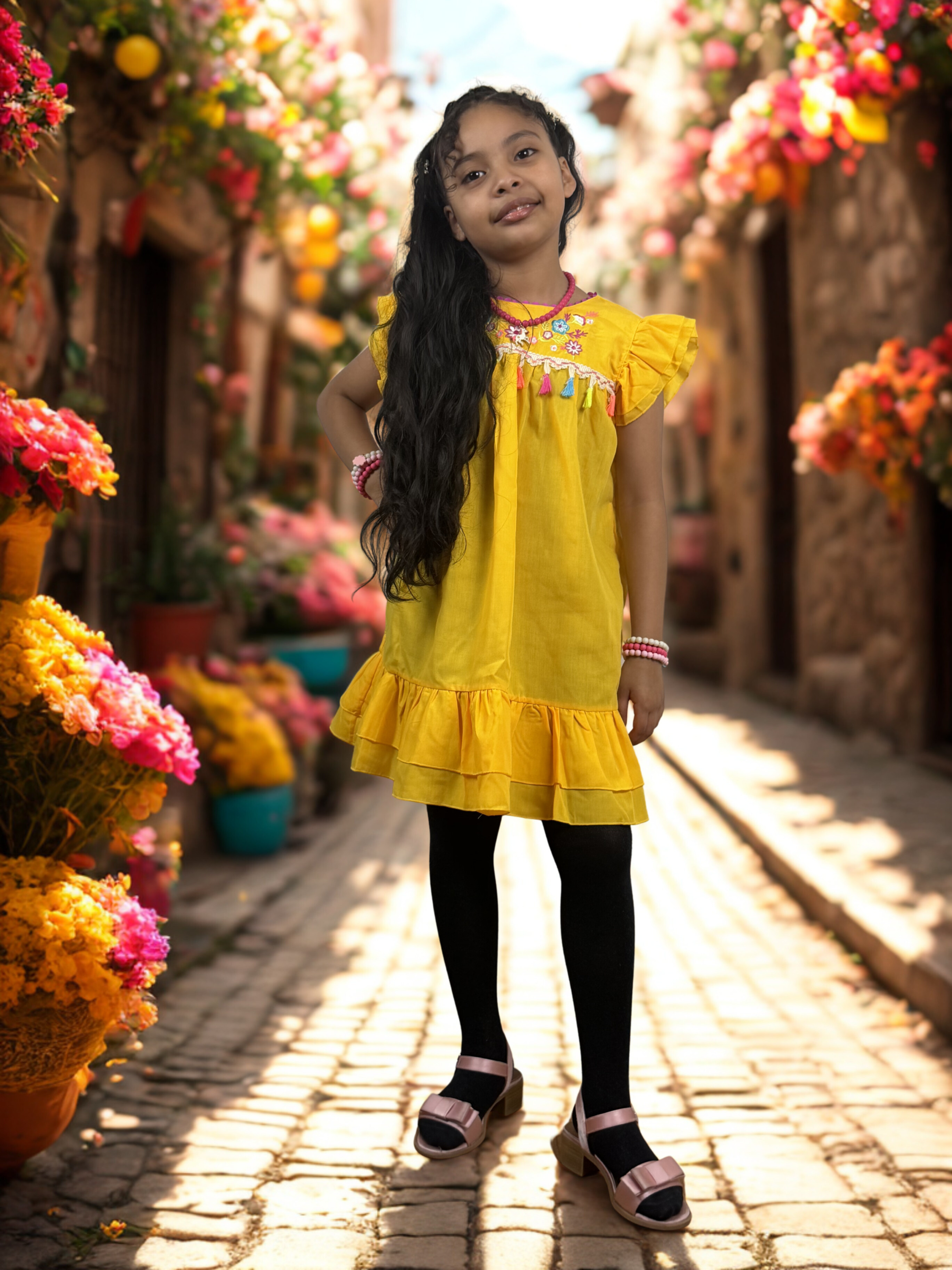 Girls Embroidered Yellow Dress with Colorful Tassels