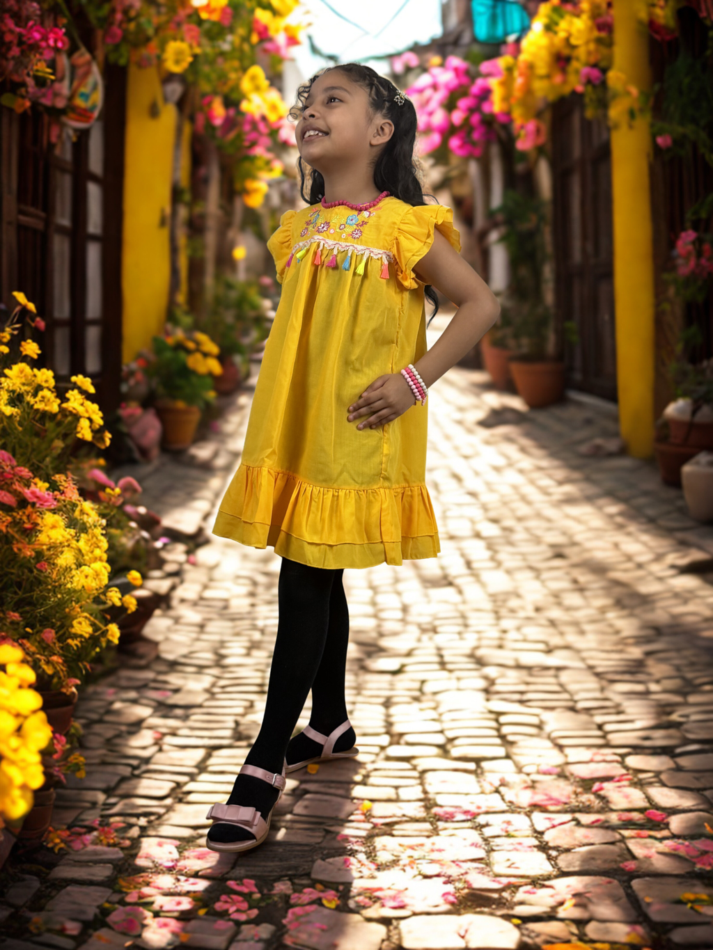 Girls Embroidered Yellow Dress with Colorful Tassels