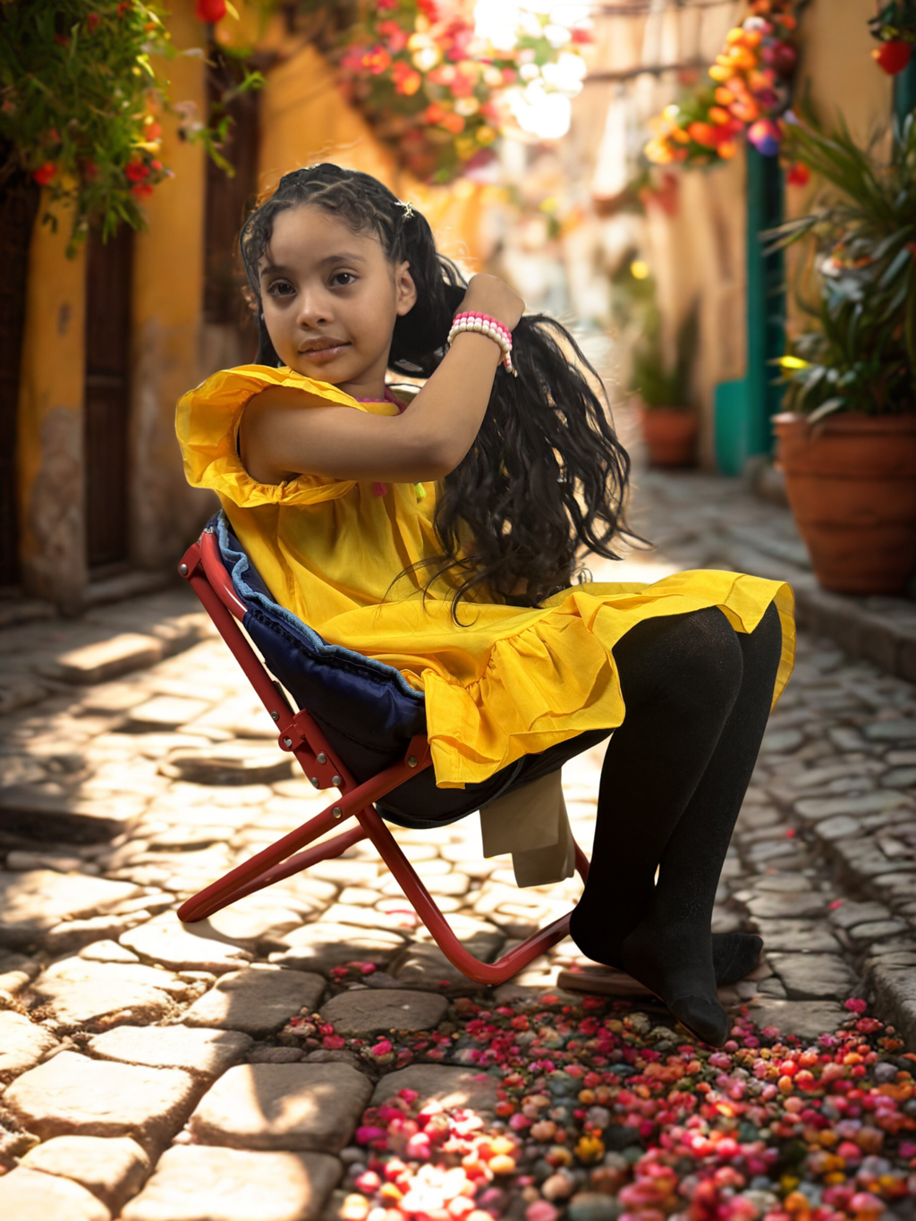 Girls Embroidered Yellow Dress with Colorful Tassels