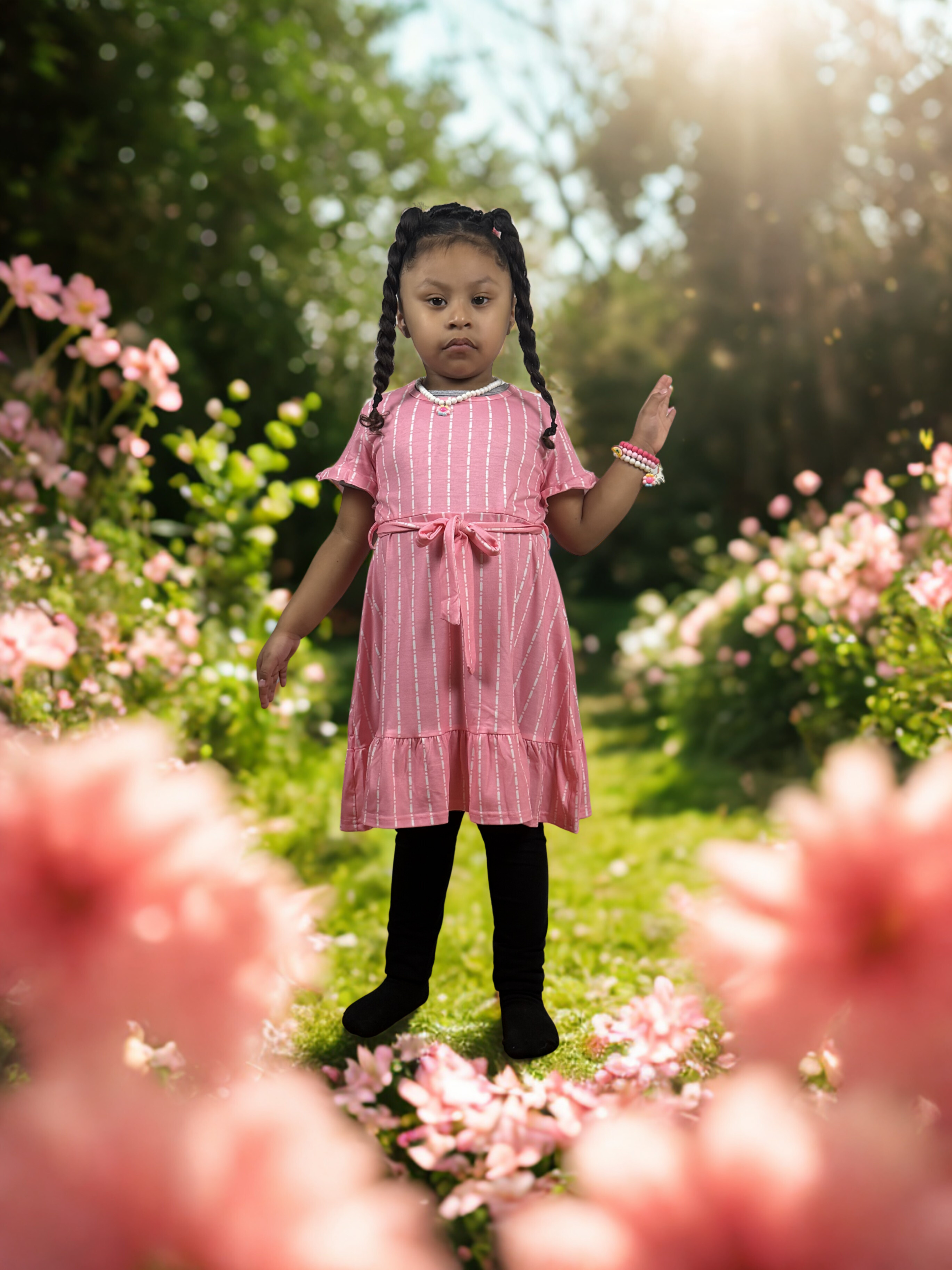 Girls Pink Striped Ruffle Dress