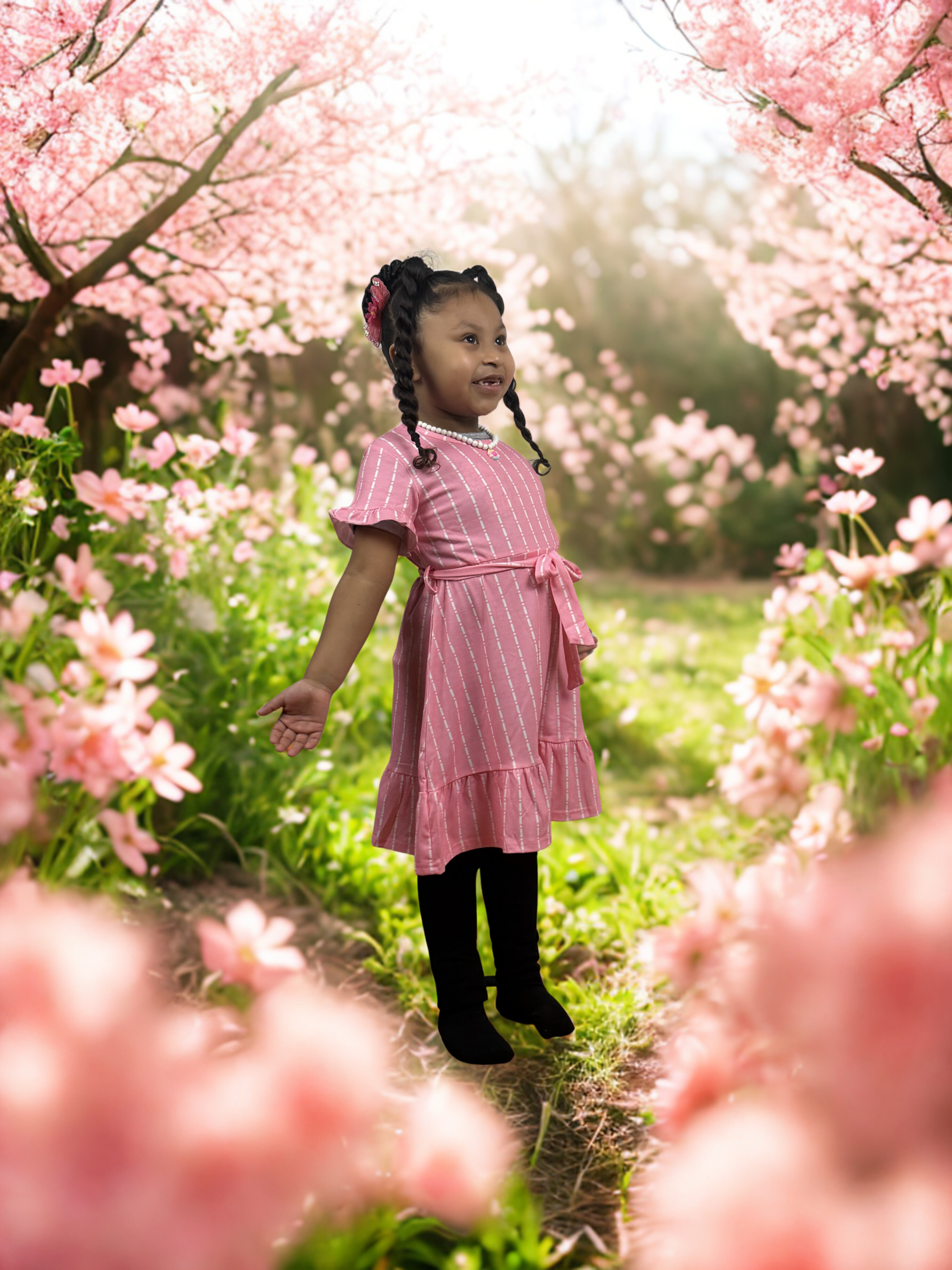 Girls Pink Striped Ruffle Dress