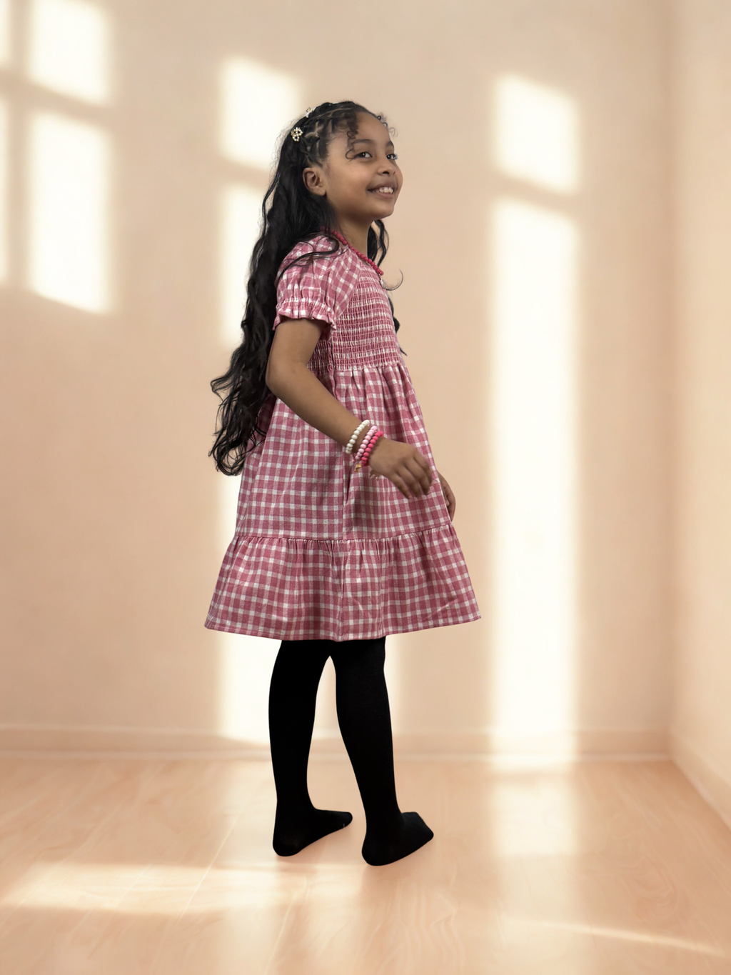 Pink Plaid Cotton Girls Dress