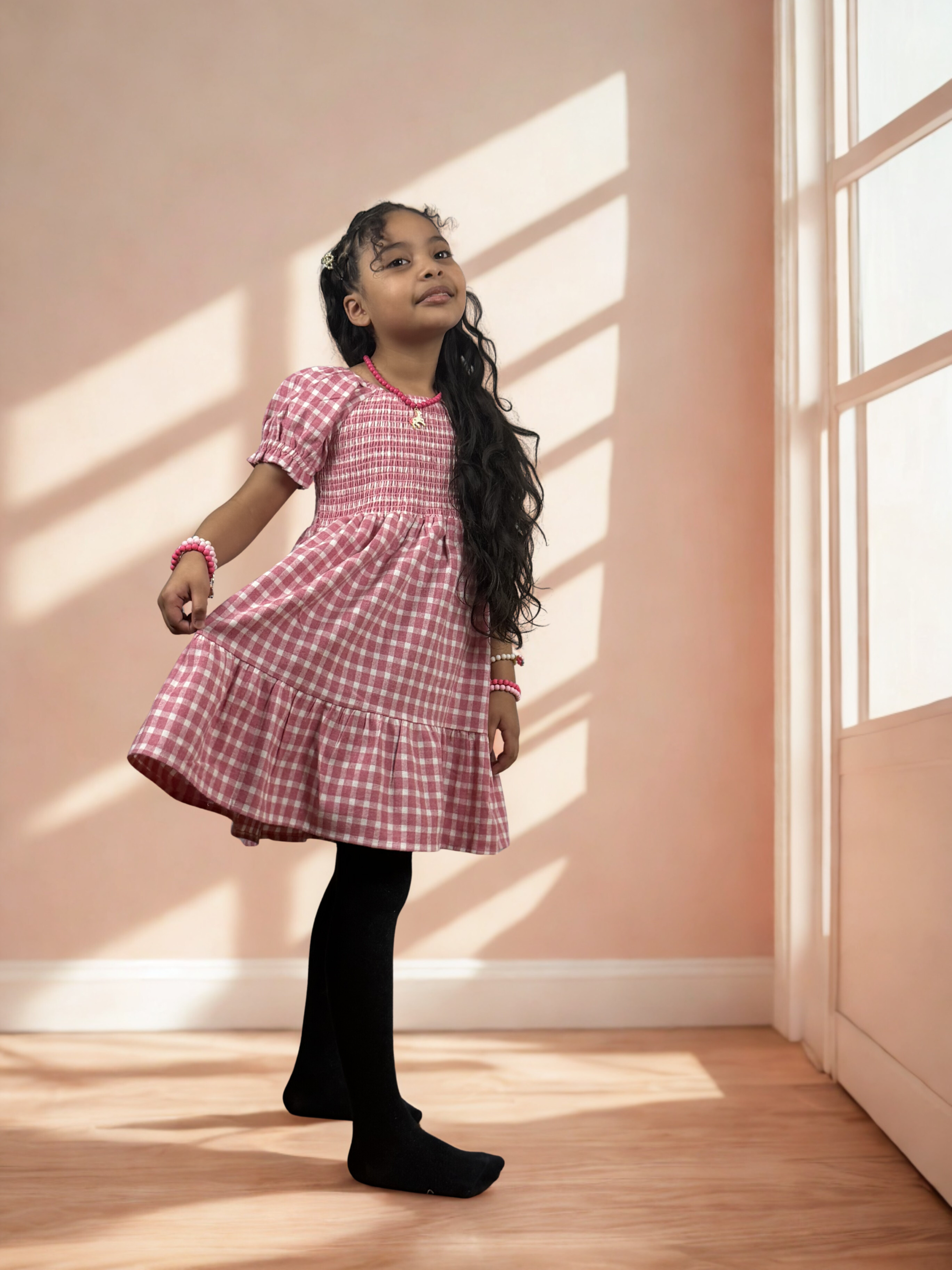 Pink Plaid Cotton Girls Dress