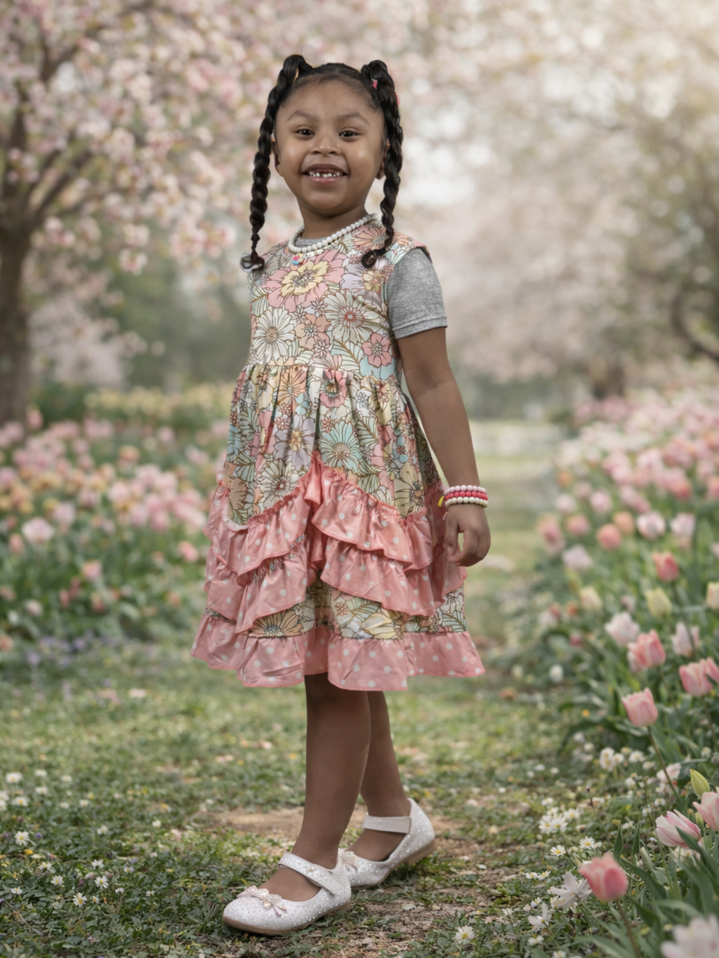 Pastel Multicolor Floral Ruffle Girls Dress