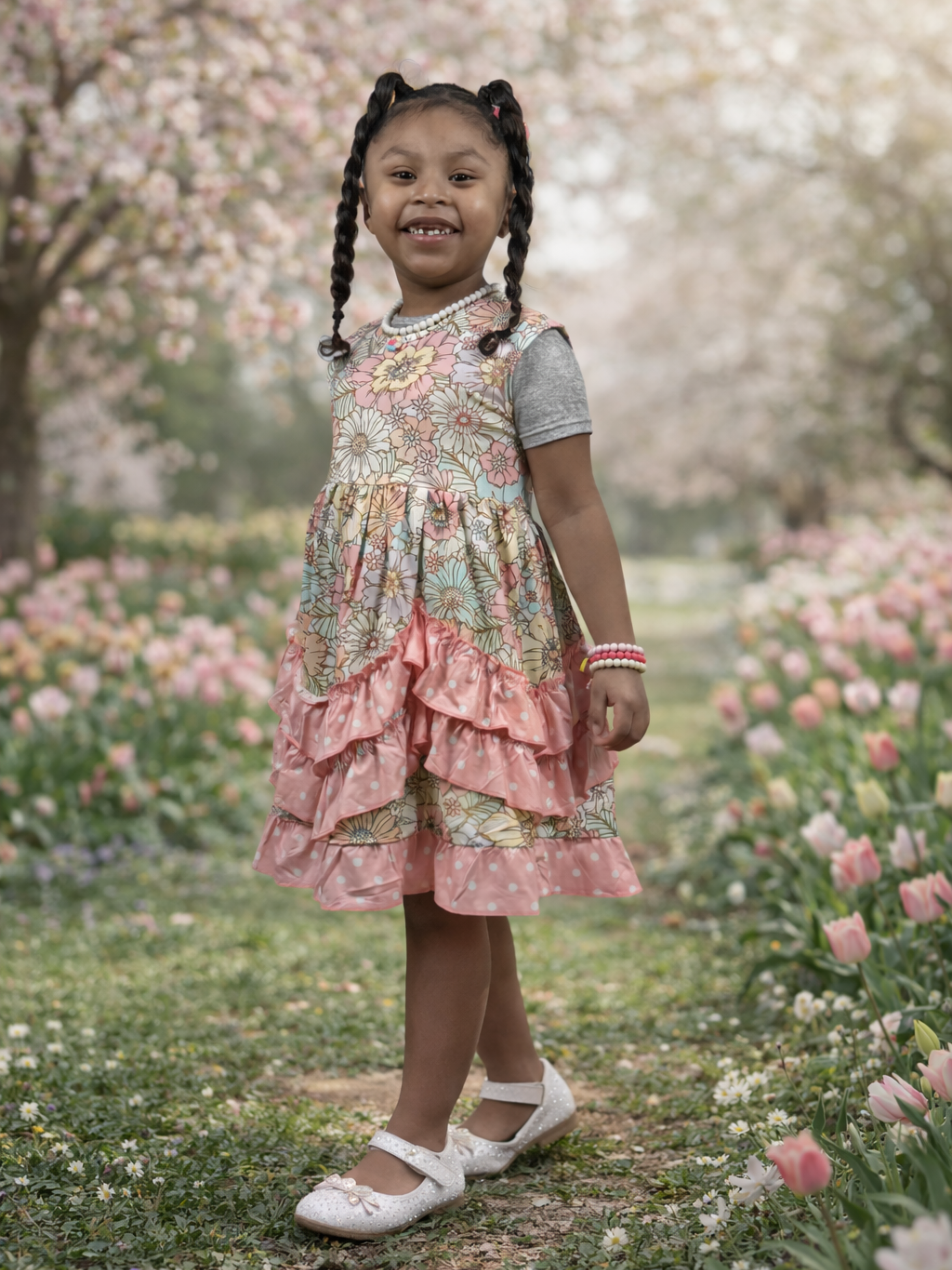 Pastel Multicolor Floral Ruffle Girls Dress