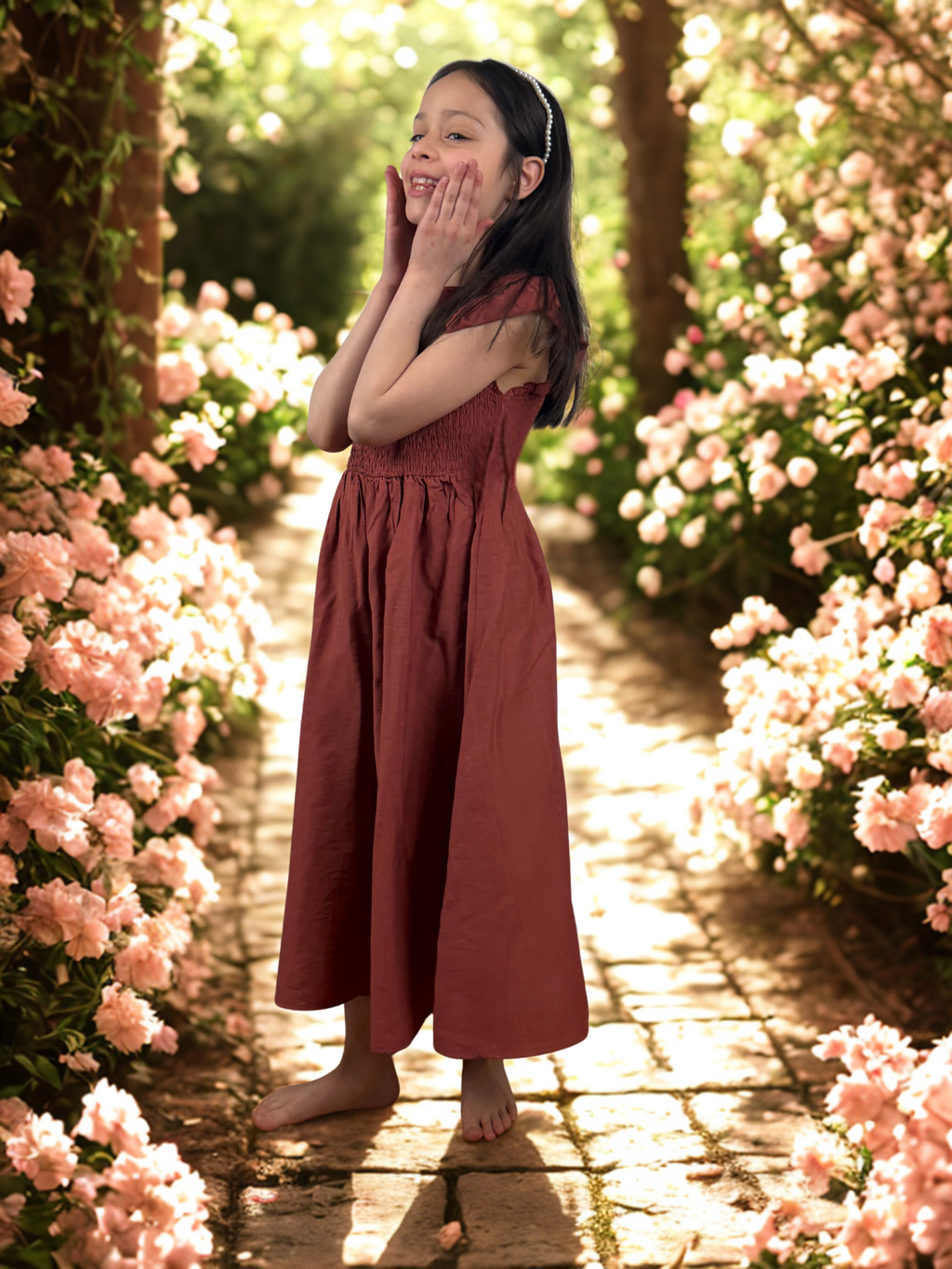 Girls Elegant Rust Midi Dress – Spring & Summer