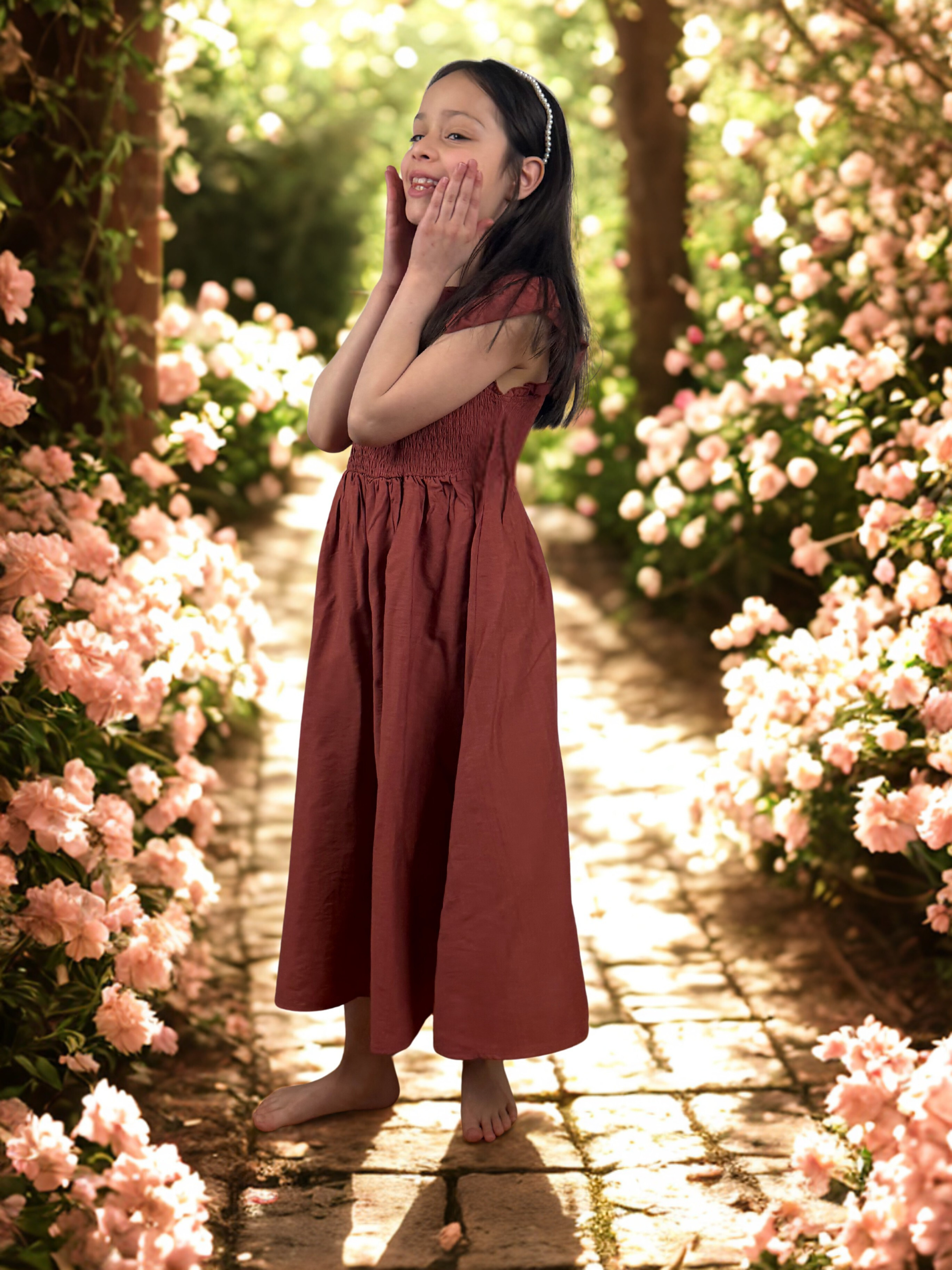 Girls Elegant Rust Midi Dress – Spring & Summer