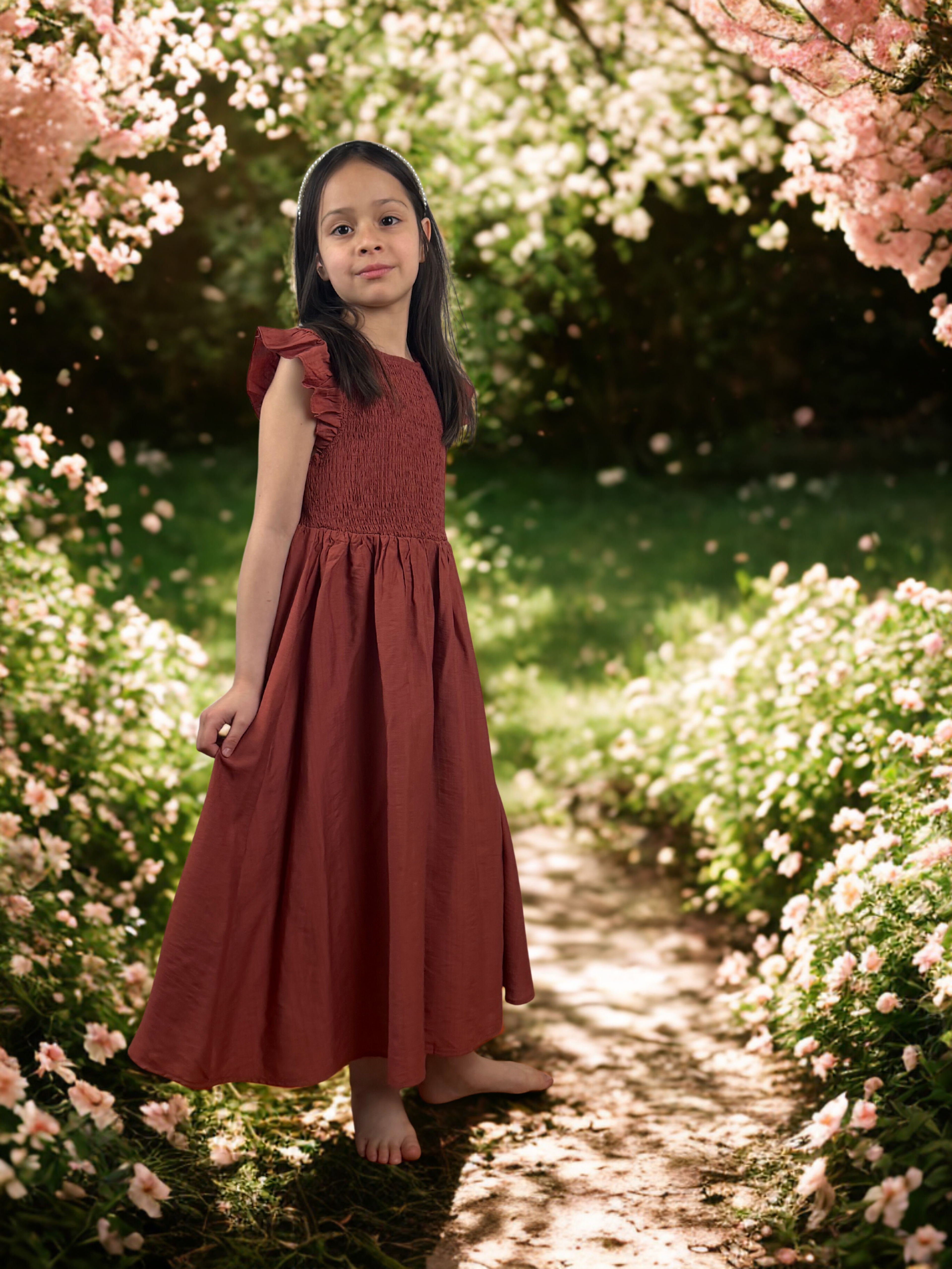 Girls Elegant Rust Midi Dress – Spring & Summer