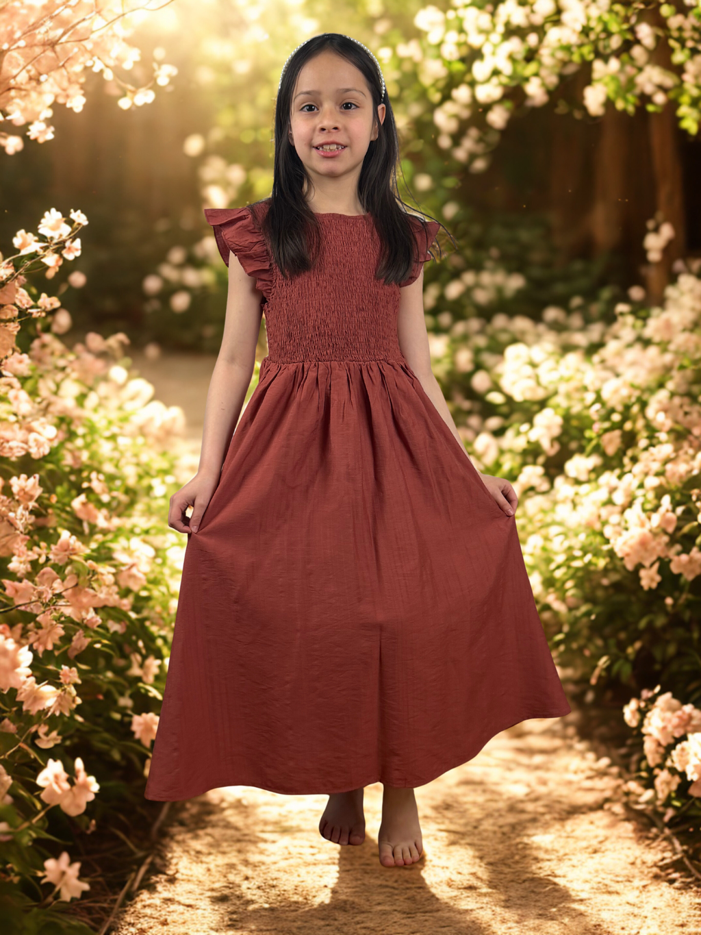 Girls Elegant Rust Midi Dress – Spring & Summer