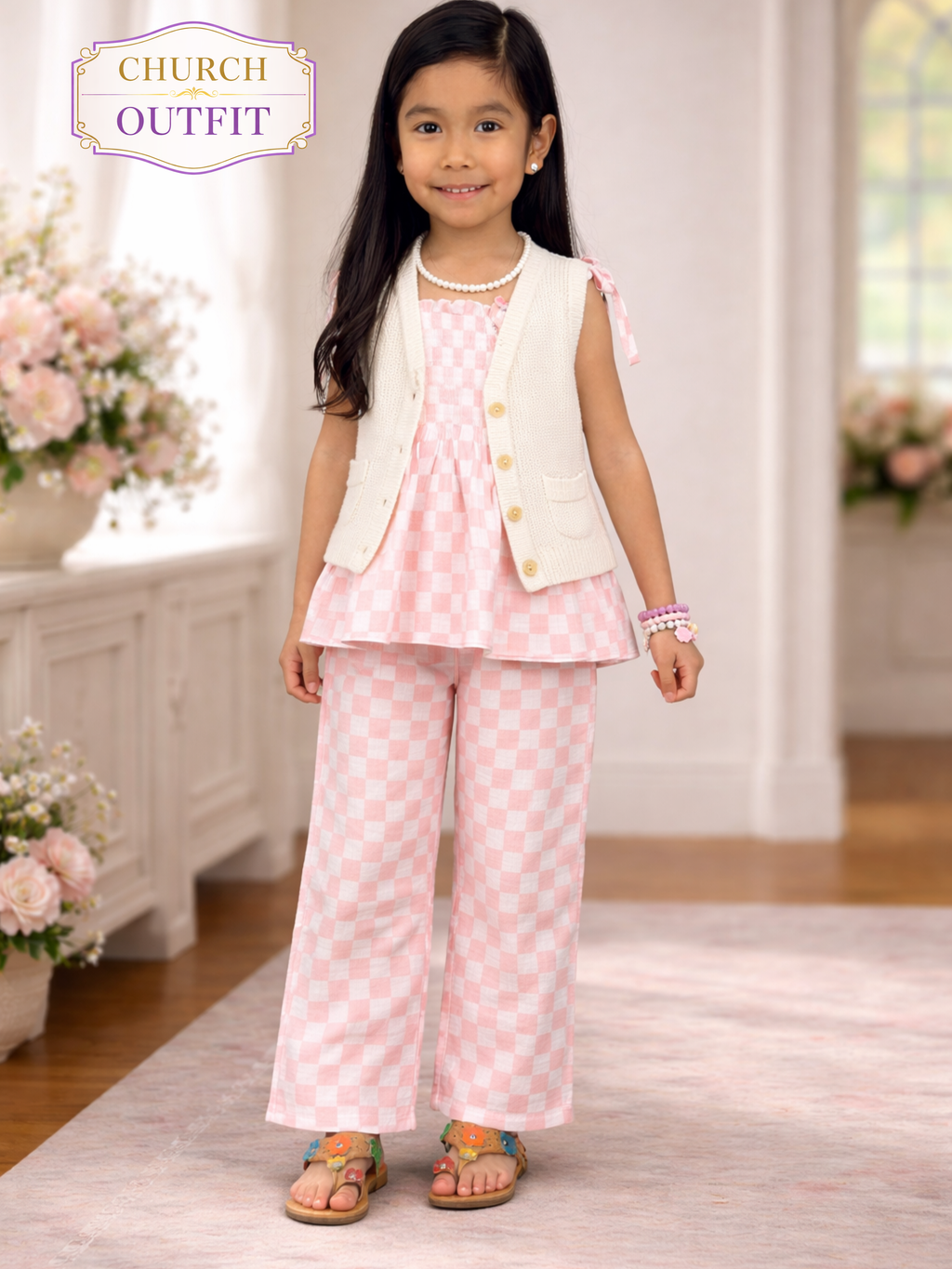 Girls Pink Checkered Two-Piece Set