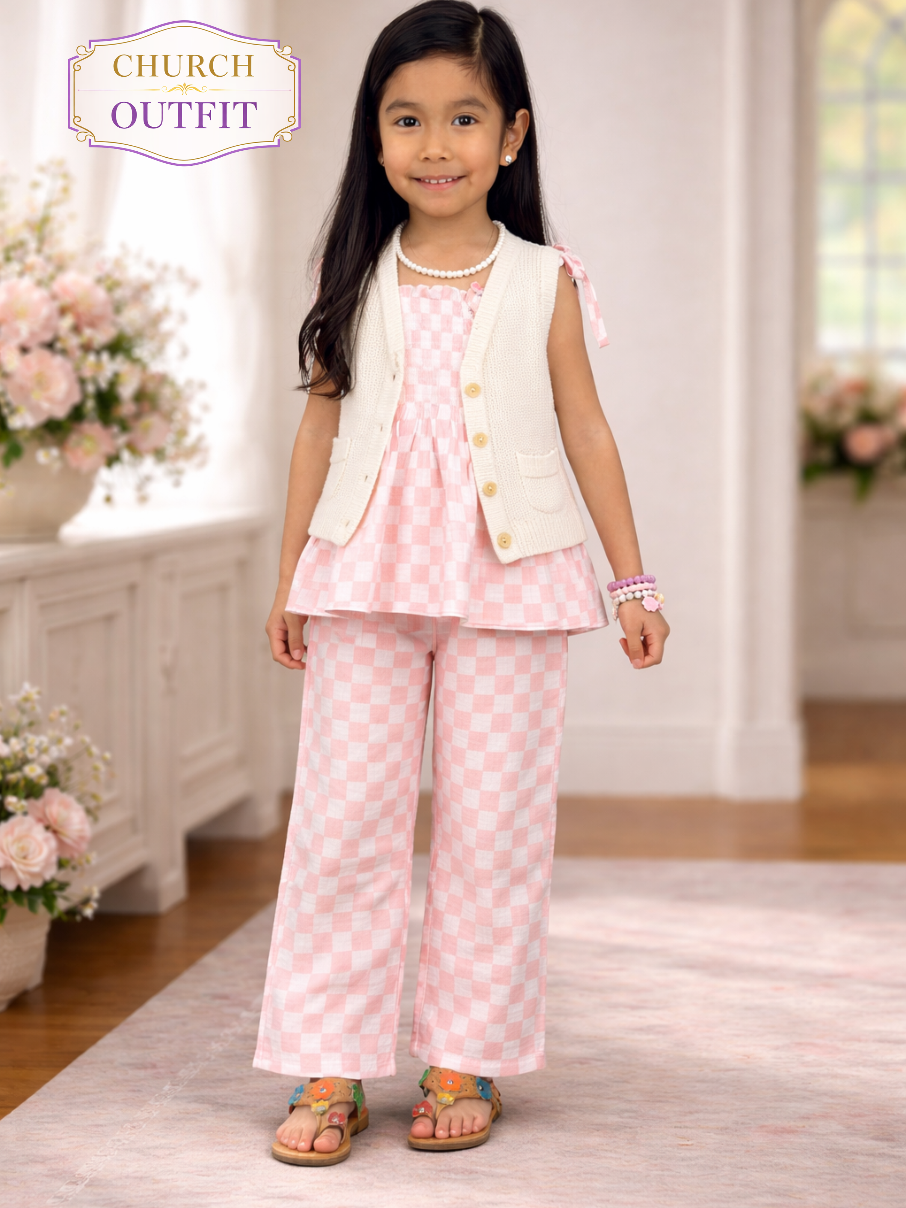 Girls Pink Checkered Two-Piece Set
