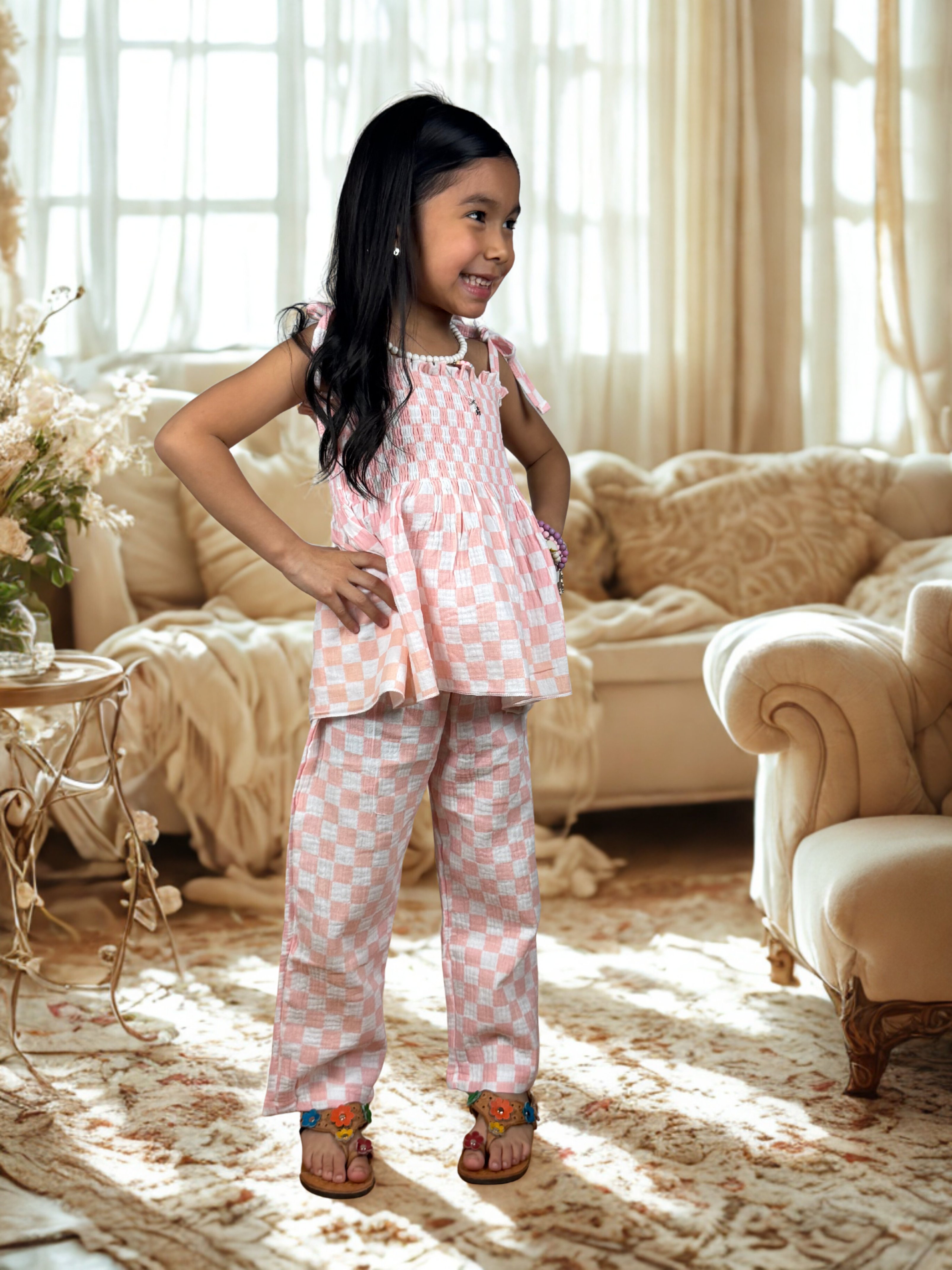 Girls Pink Checkered Two-Piece Set