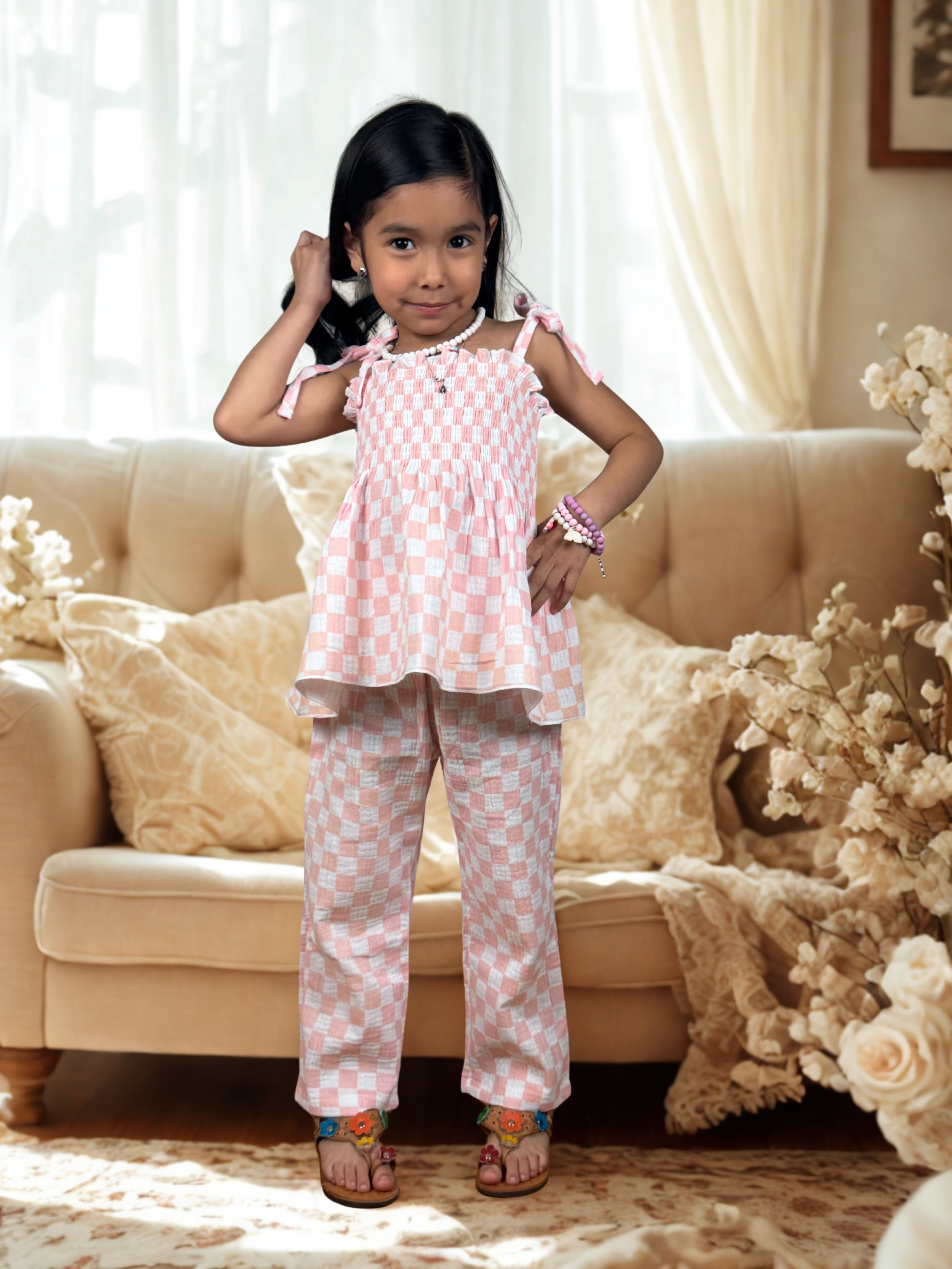 Girls Pink Checkered Two-Piece Set