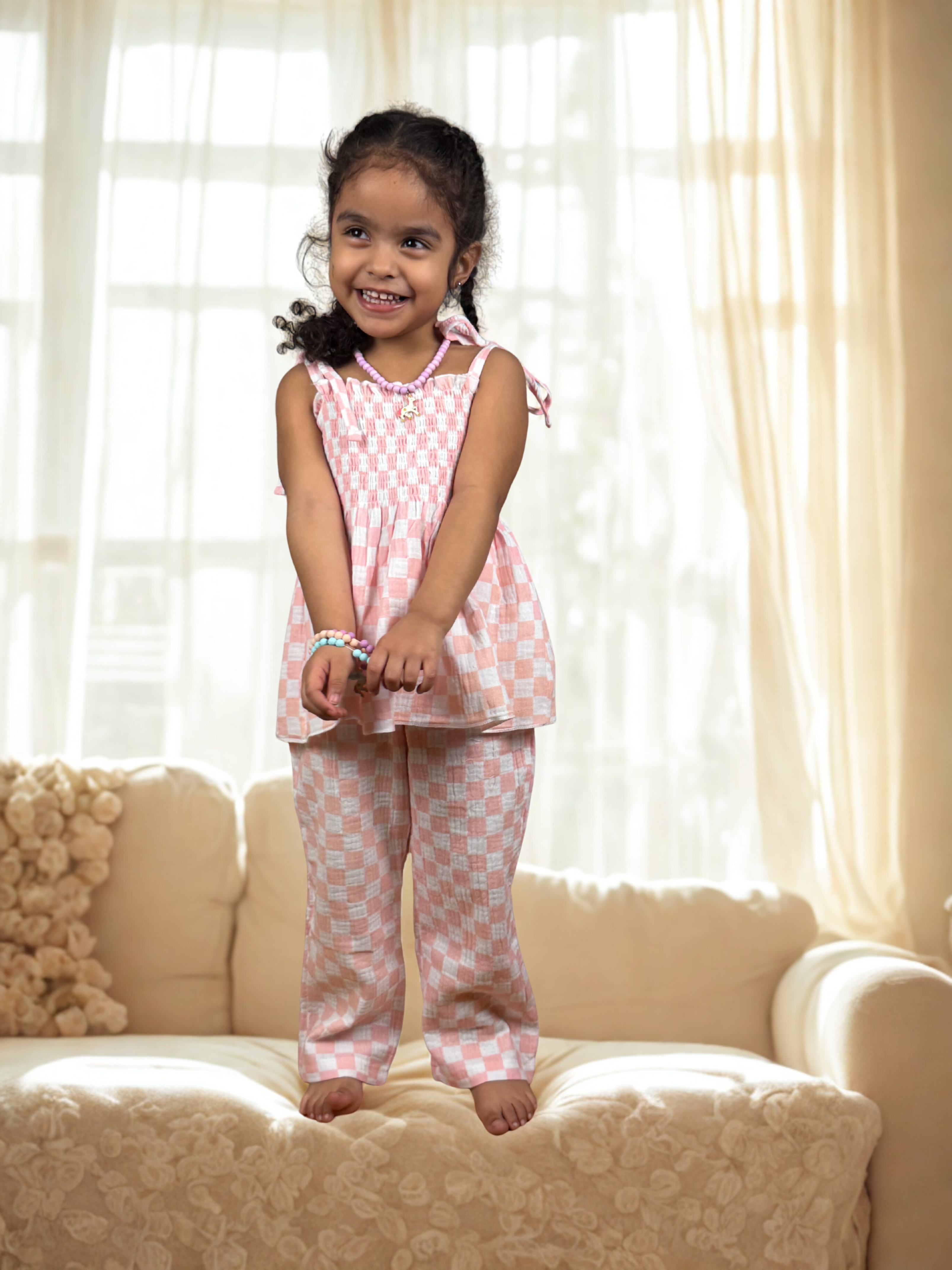 Girls Pink Checkered Two-Piece Set