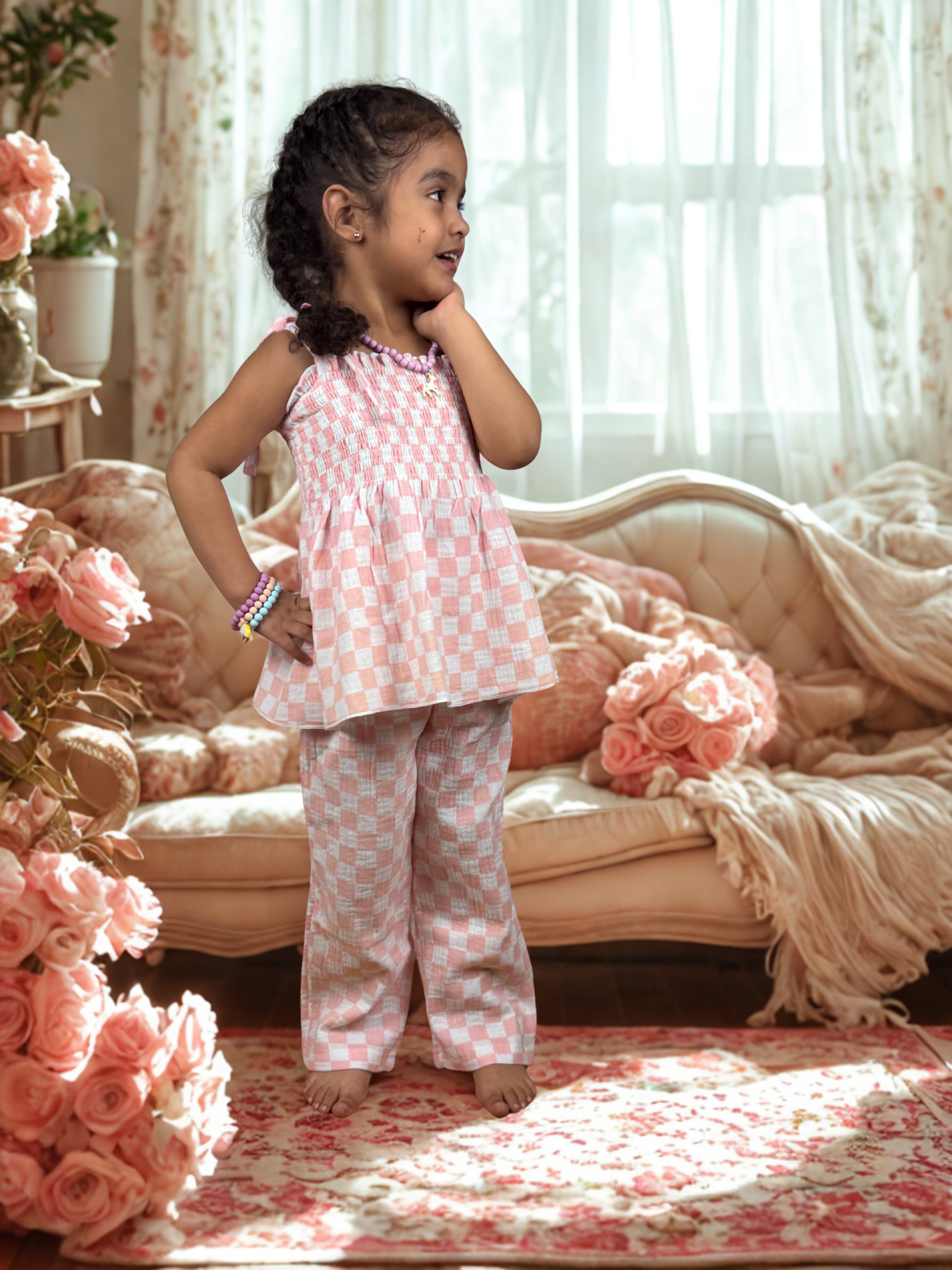 Girls Pink Checkered Two-Piece Set