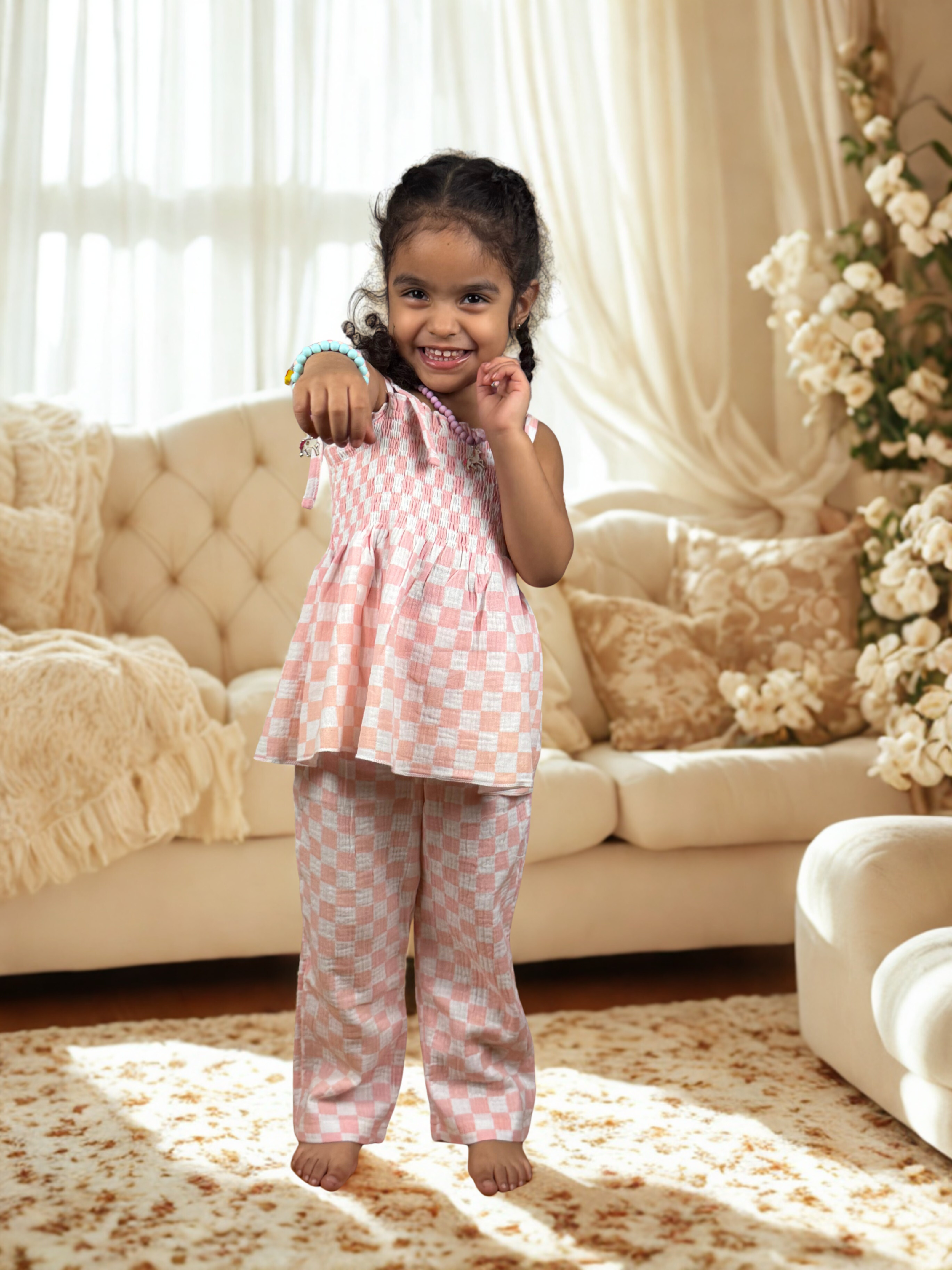 Girls Pink Checkered Two-Piece Set