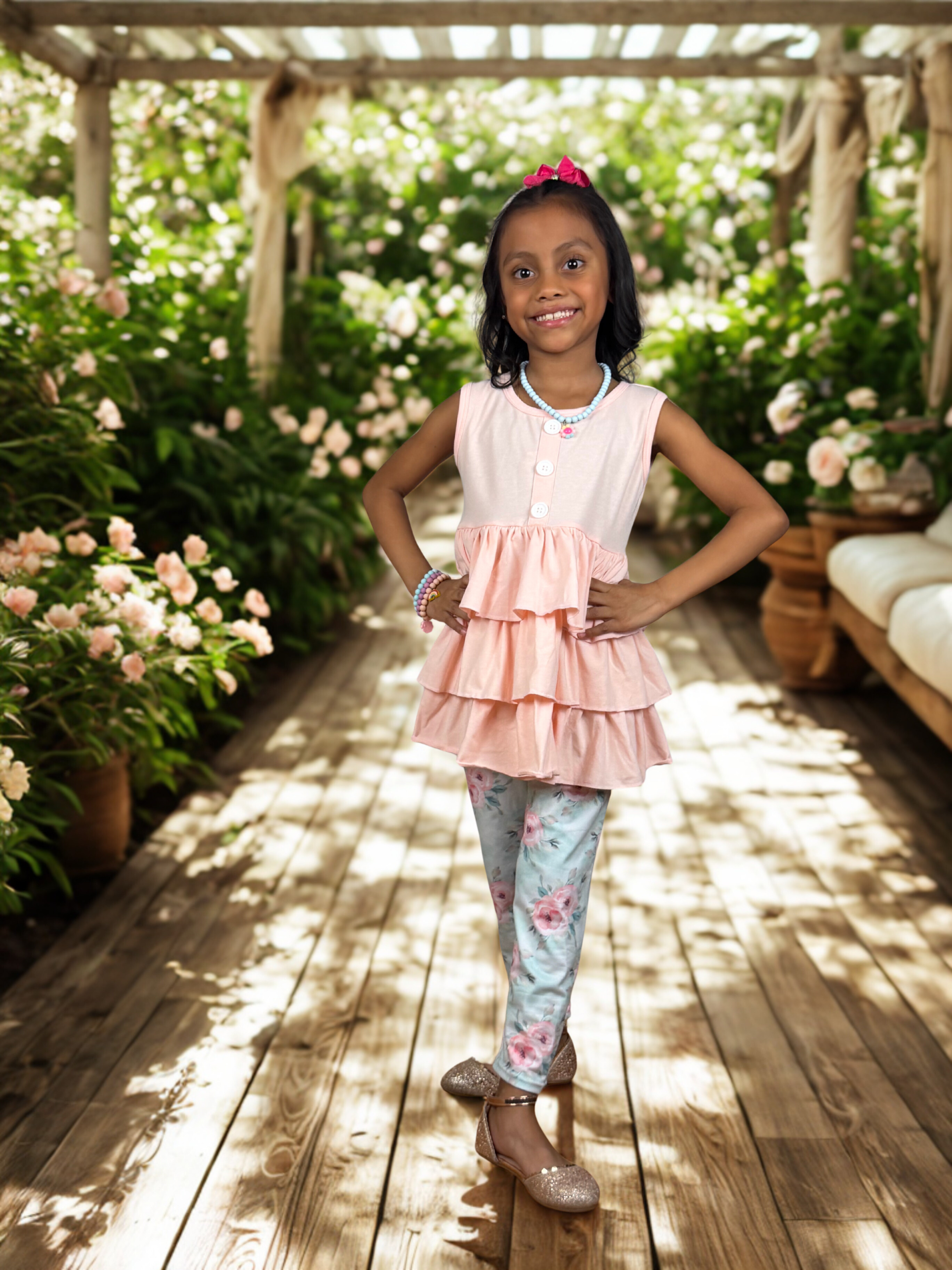 Peach Ruffle Top & Floral Leggings Set for Girls – Spring/Summer Outfit